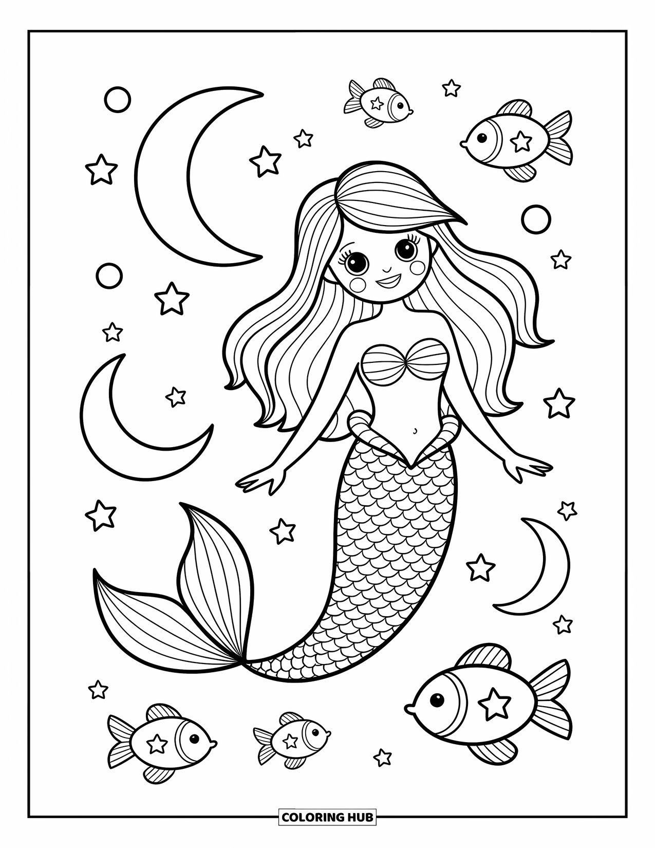 Mermaid Coloring Page for Adults: A mermaid swims through a starry ocean, glowing fish and moon bubbles dancing around her