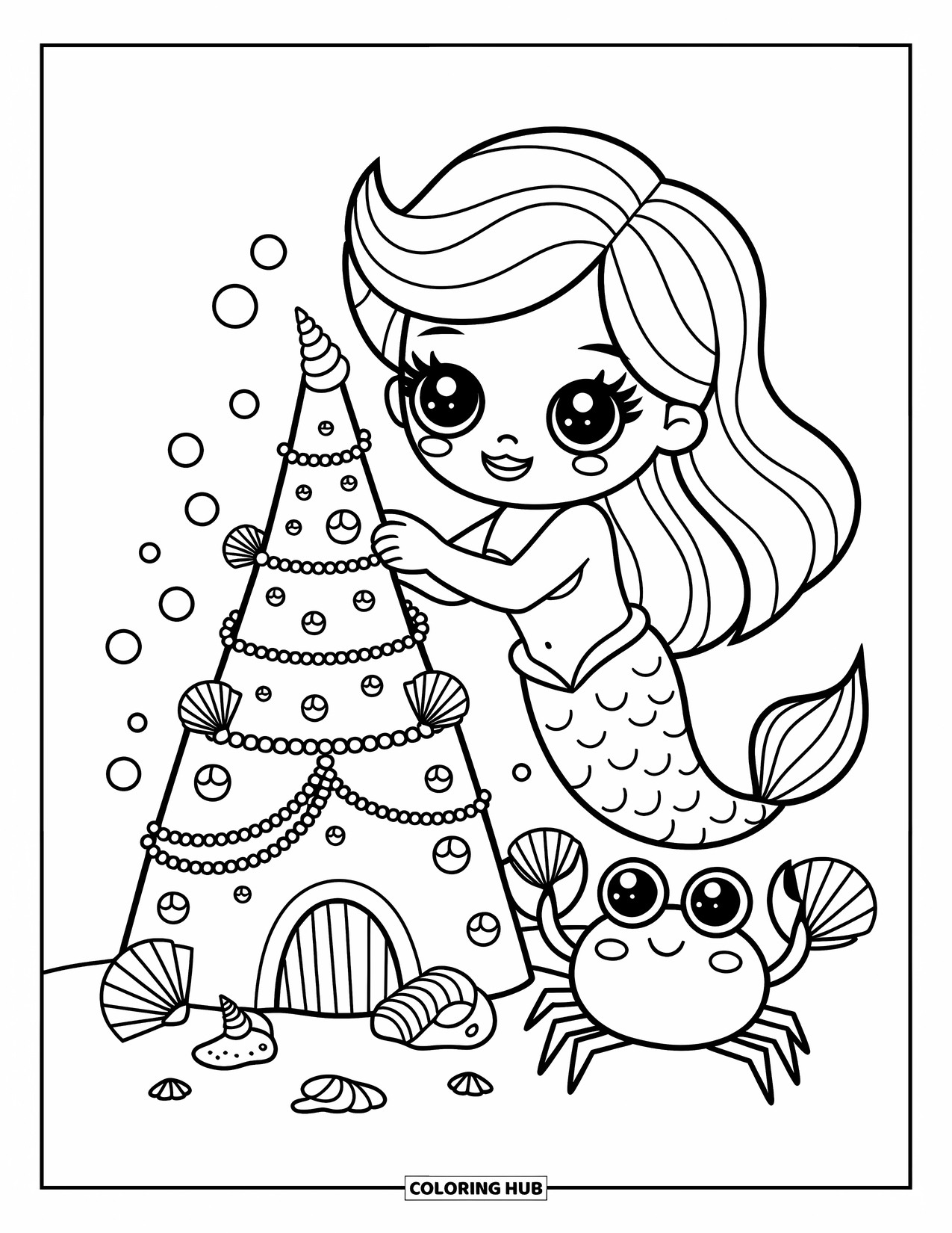 Mermaid Coloring Page for Adults: A mermaid tenderly decorates an underwater sandcastle, assisted by a friendly crab