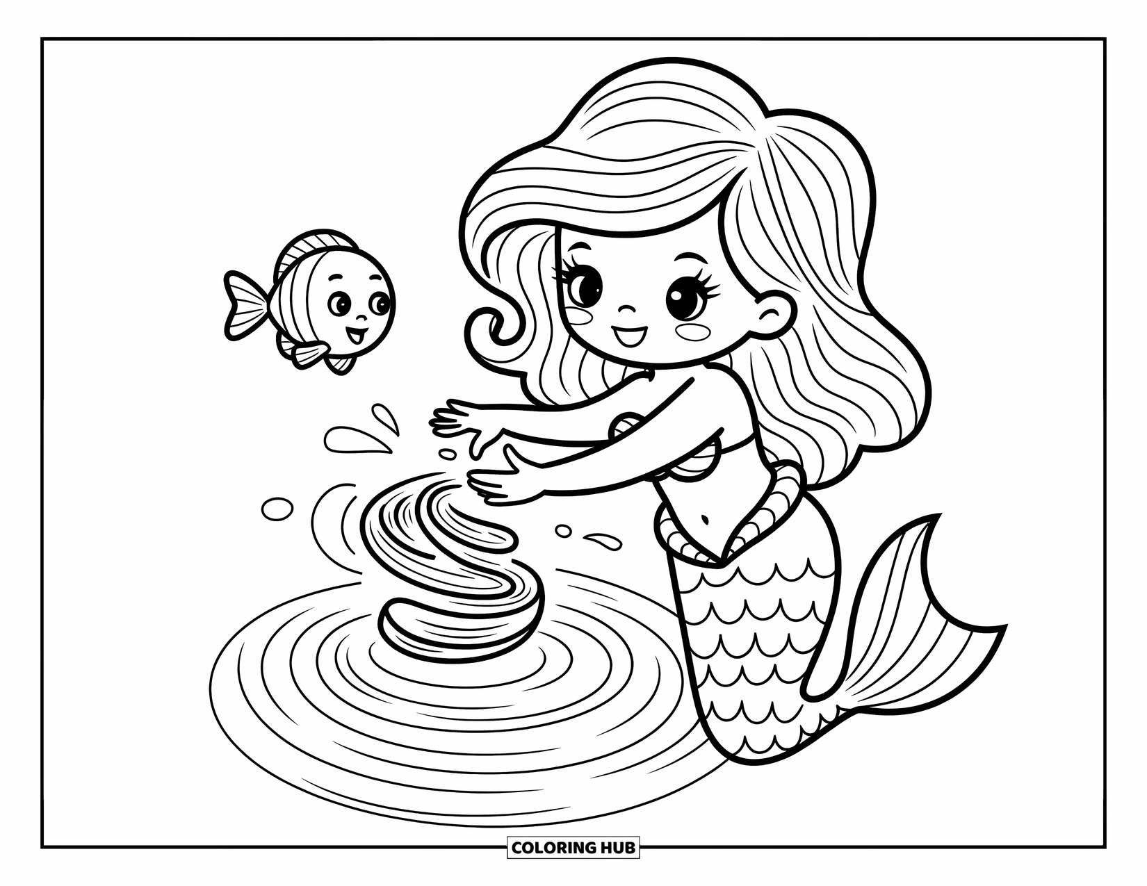 Mermaid Coloring Page for Adults: A mermaid twirls a mini whirlpool in her hands, delighting a curious baby fish