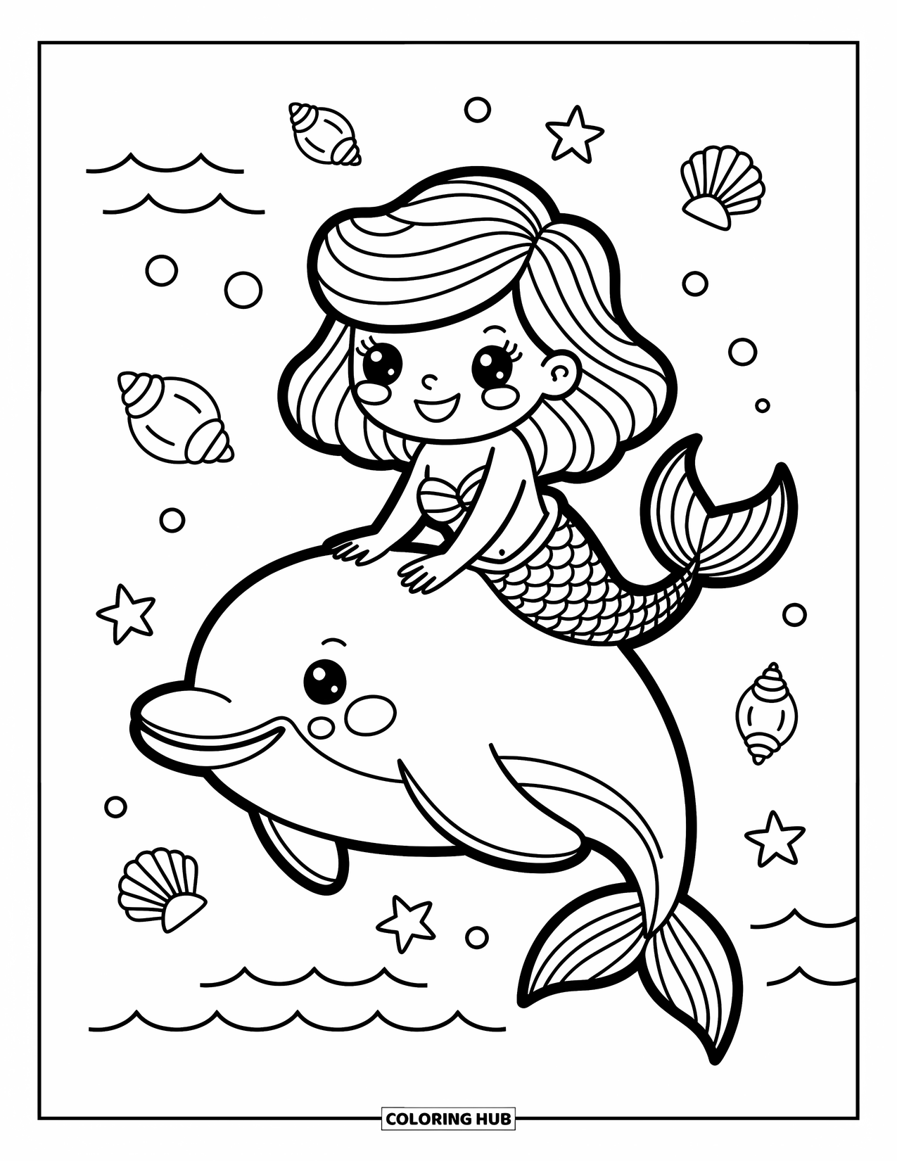 Mermaid Coloring Page for Adults: A mermaid with a big smile rides on the back of a happy dolphin, holding onto its fin as they glide playfully