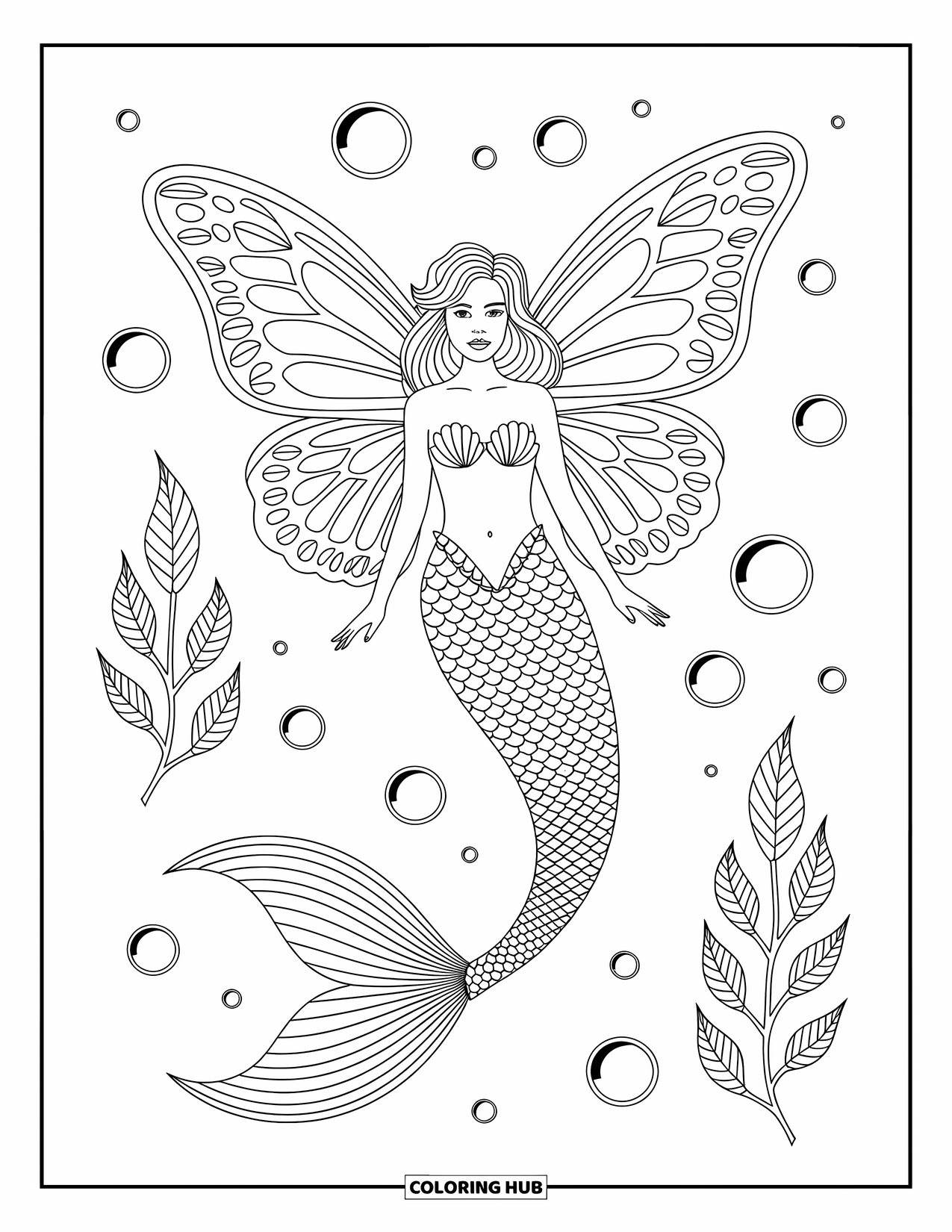 Mermaid Coloring Page for Adults: A mermaid with butterfly-like fins floats gracefully, her patterned tail surrounded by sea plants and bubbles