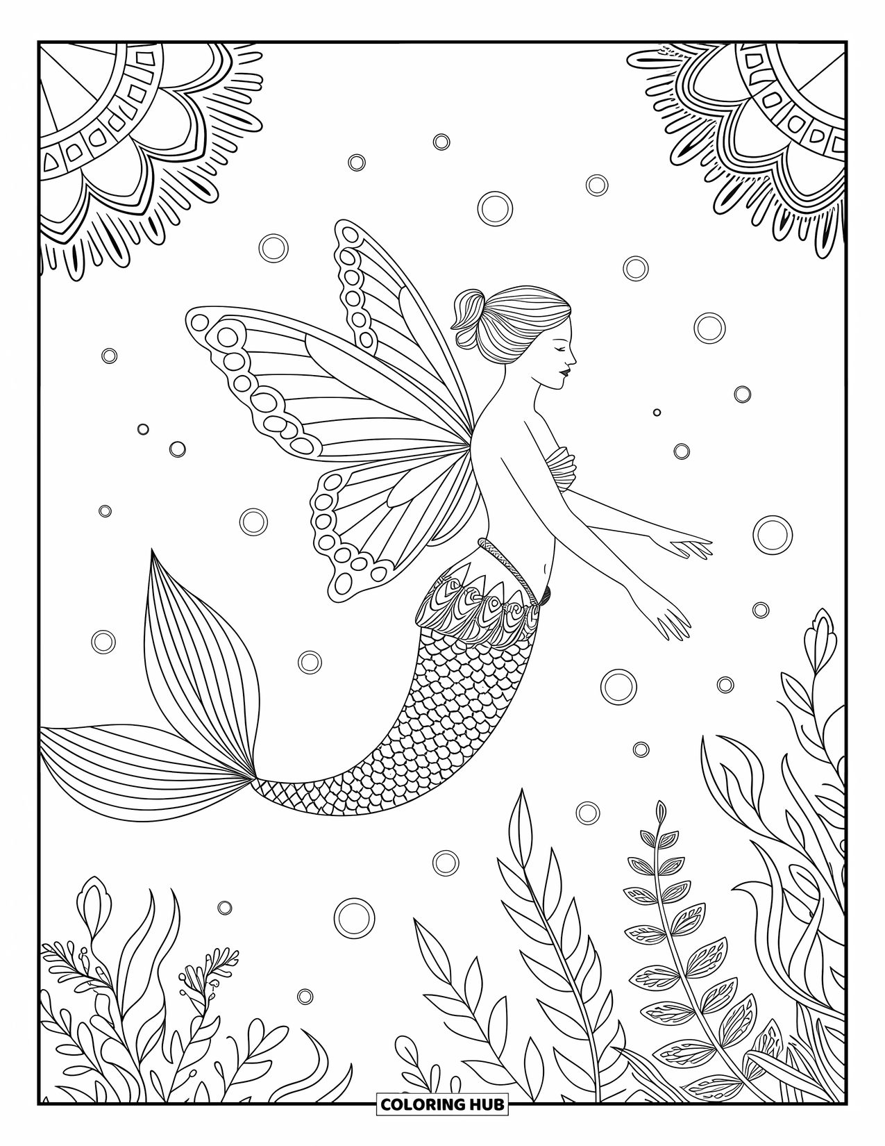 Mermaid Coloring Page for Adults: A mermaid with delicate patterns on her tail glides through the water, surrounded by sea plants and bubbles