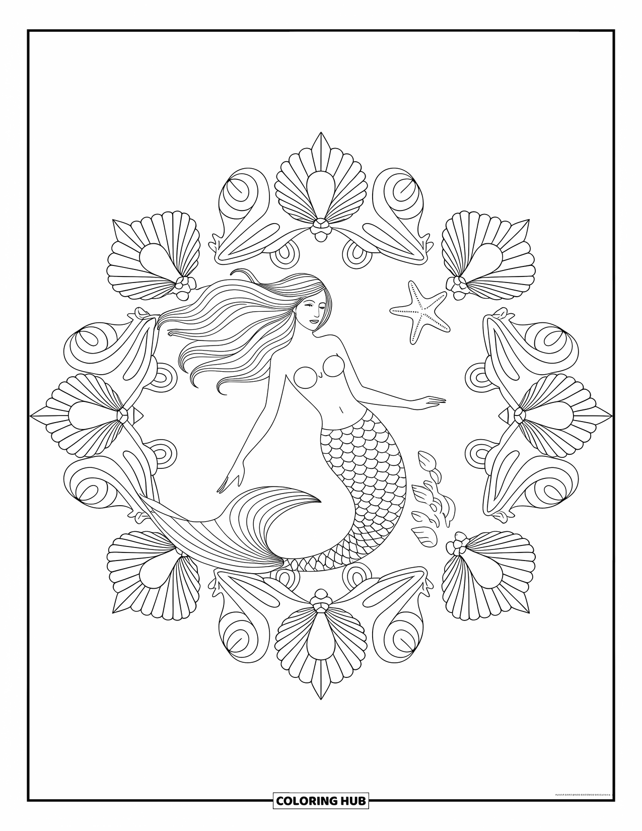 Mermaid Coloring Page for Adults: A mermaid with elegant hair and a flowing tail is framed by a mesmerizing mandala of seashells and starfish
