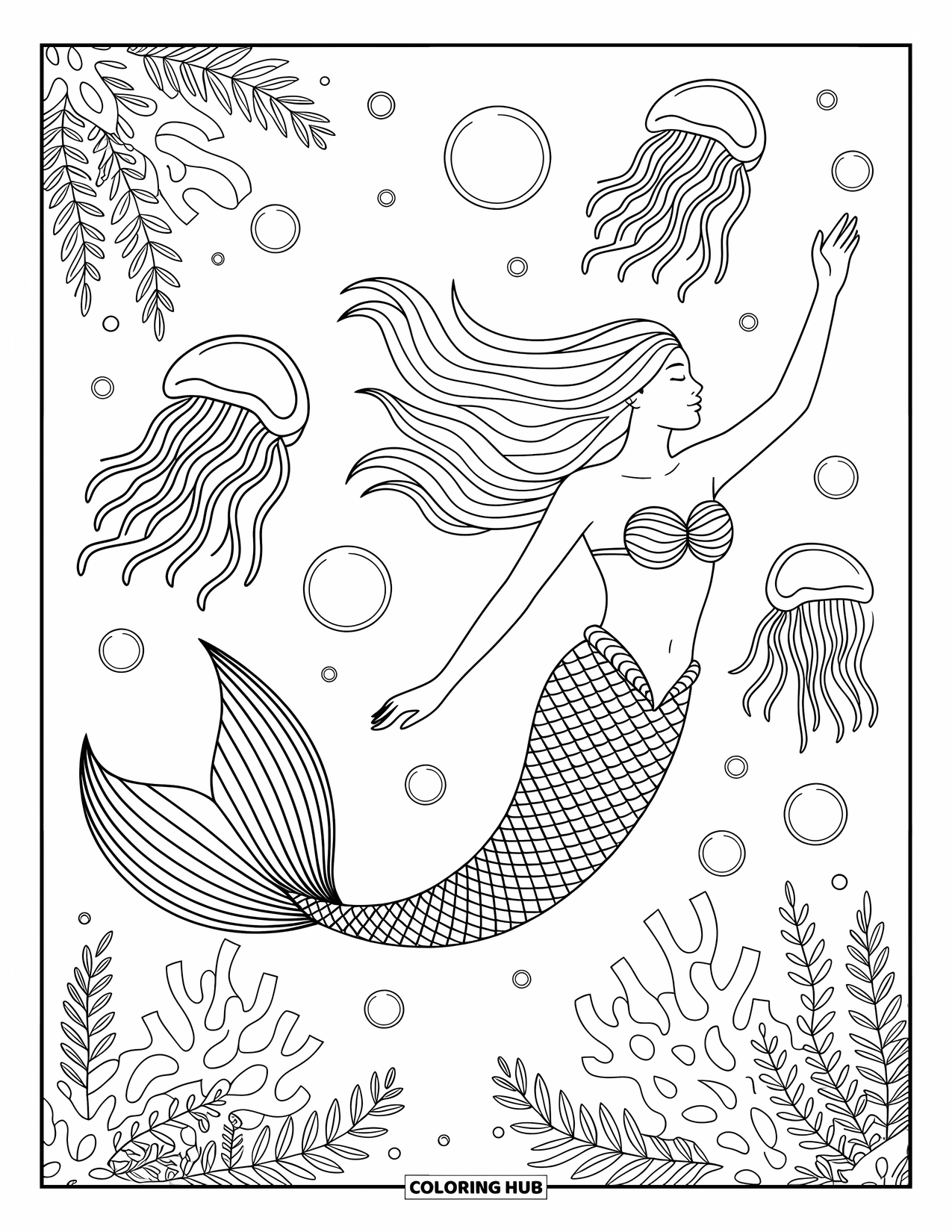 Mermaid Coloring Page for Adults: A mermaid with flowing hair glides through swirling jellyfish, coral, and bubbles in a serene ocean setting