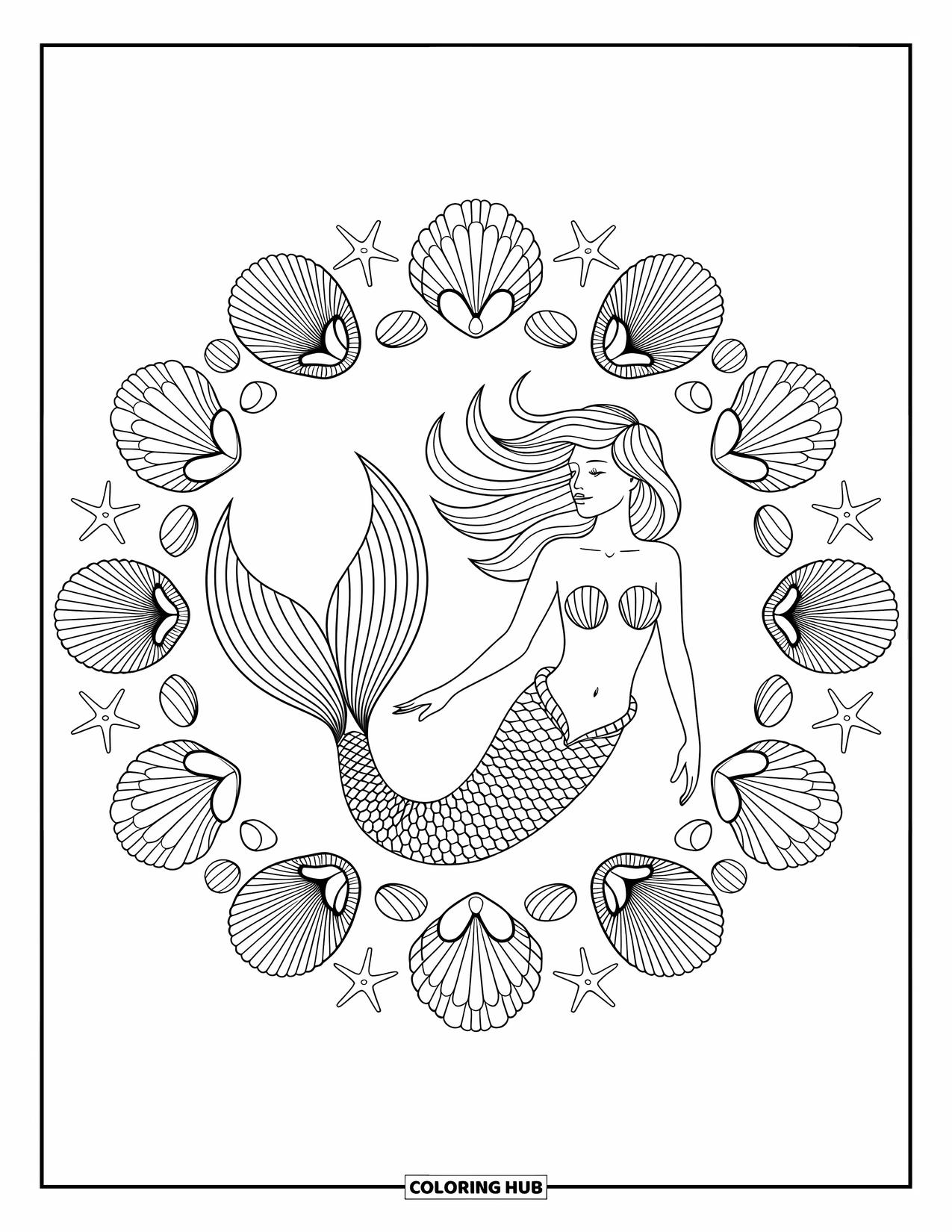 Mermaid Coloring Page for Adults: A mermaid with flowing hair is surrounded by a mandala of seashells, starfish, and ocean-inspired patterns