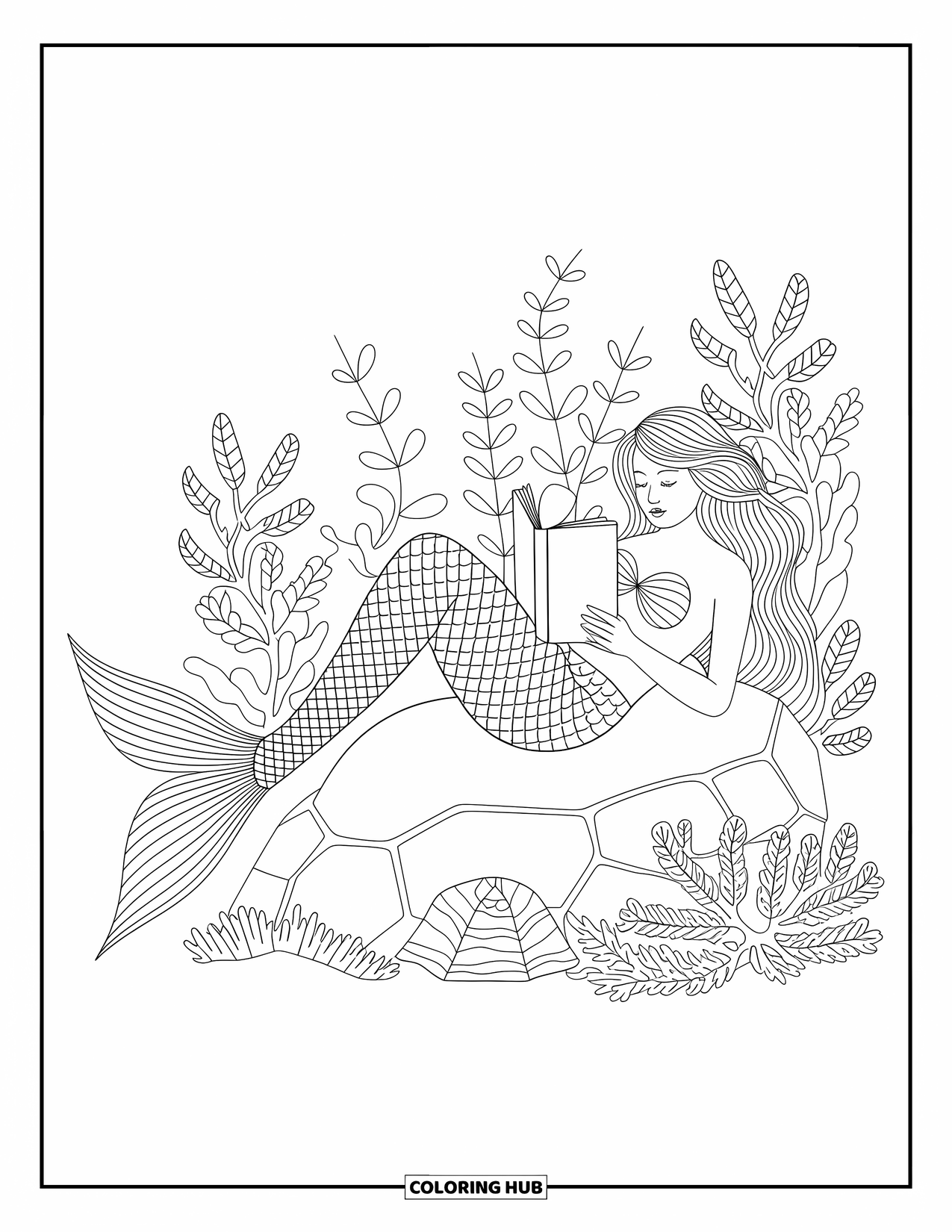 Mermaid Coloring Page for Adults: A mermaid with flowing hair reads a book on a sea rock, surrounded by coral and gentle sea creatures