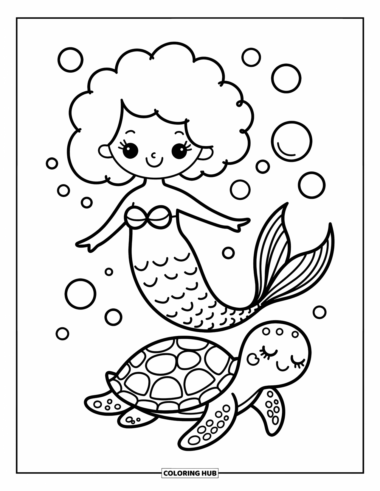 Mermaid Coloring Page for Adults: A mermaid with fluffy hair floats upside down as a sleepy sea turtle swims below her