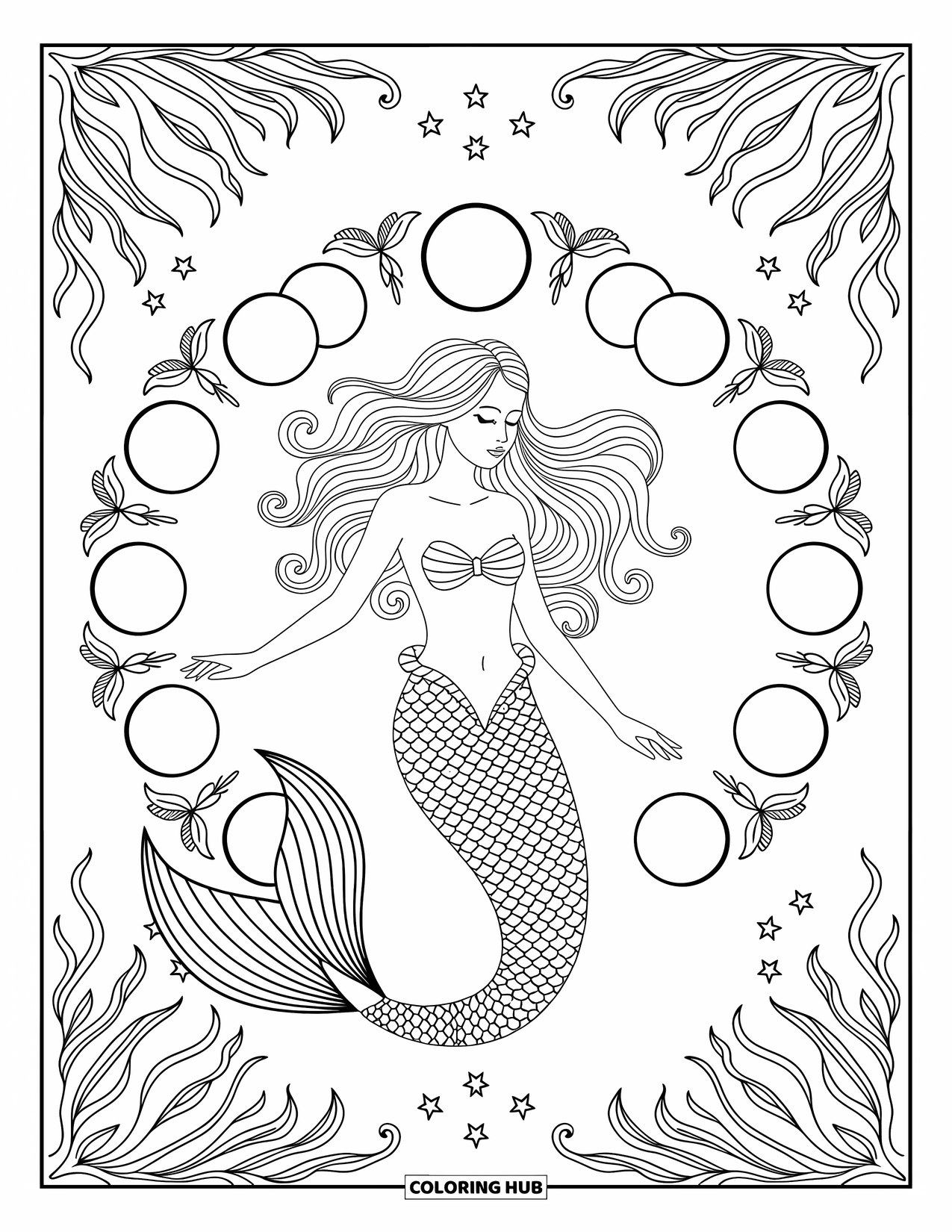 Mermaid Coloring Page for Adults: A mermaid with intricate scales is framed by moon phases, with sea plants and stars weaving around her