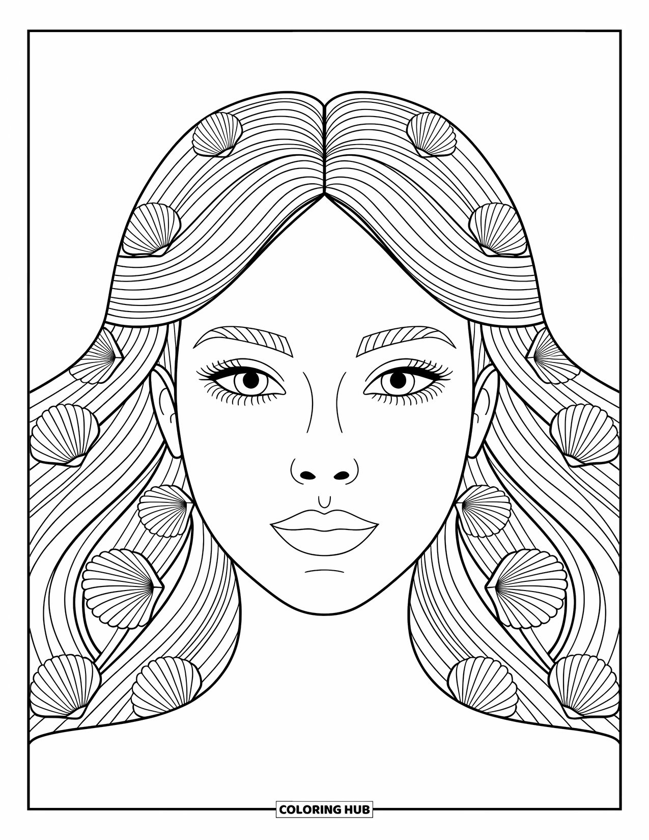 Mermaid Coloring Page for Adults: A mermaid's face is surrounded by intricately designed hair, adorned with delicate seashells and starfish