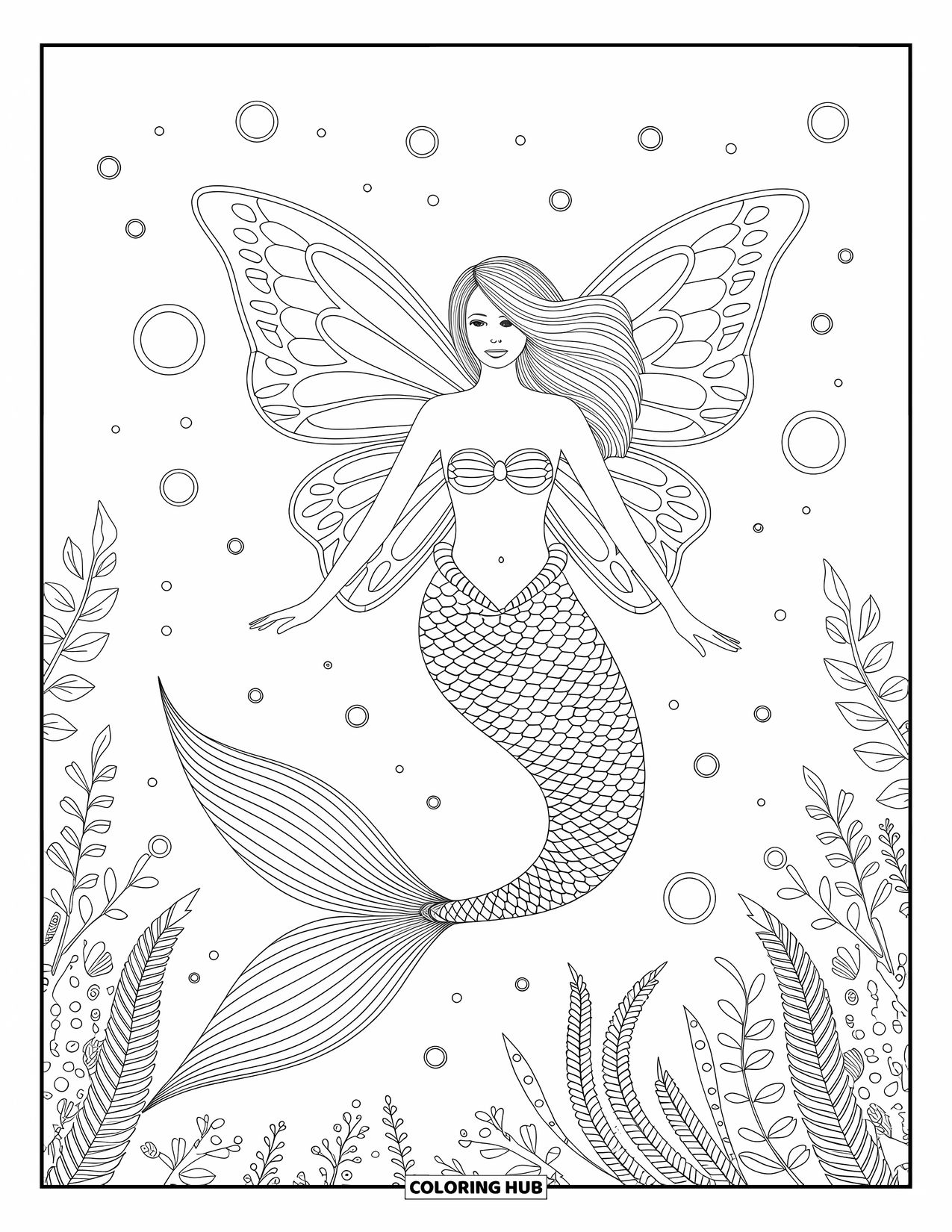 Mermaid Coloring Page for Adults: A peaceful mermaid with butterfly-like fins drifts in a sea of bubbles, plants, and intricate designs