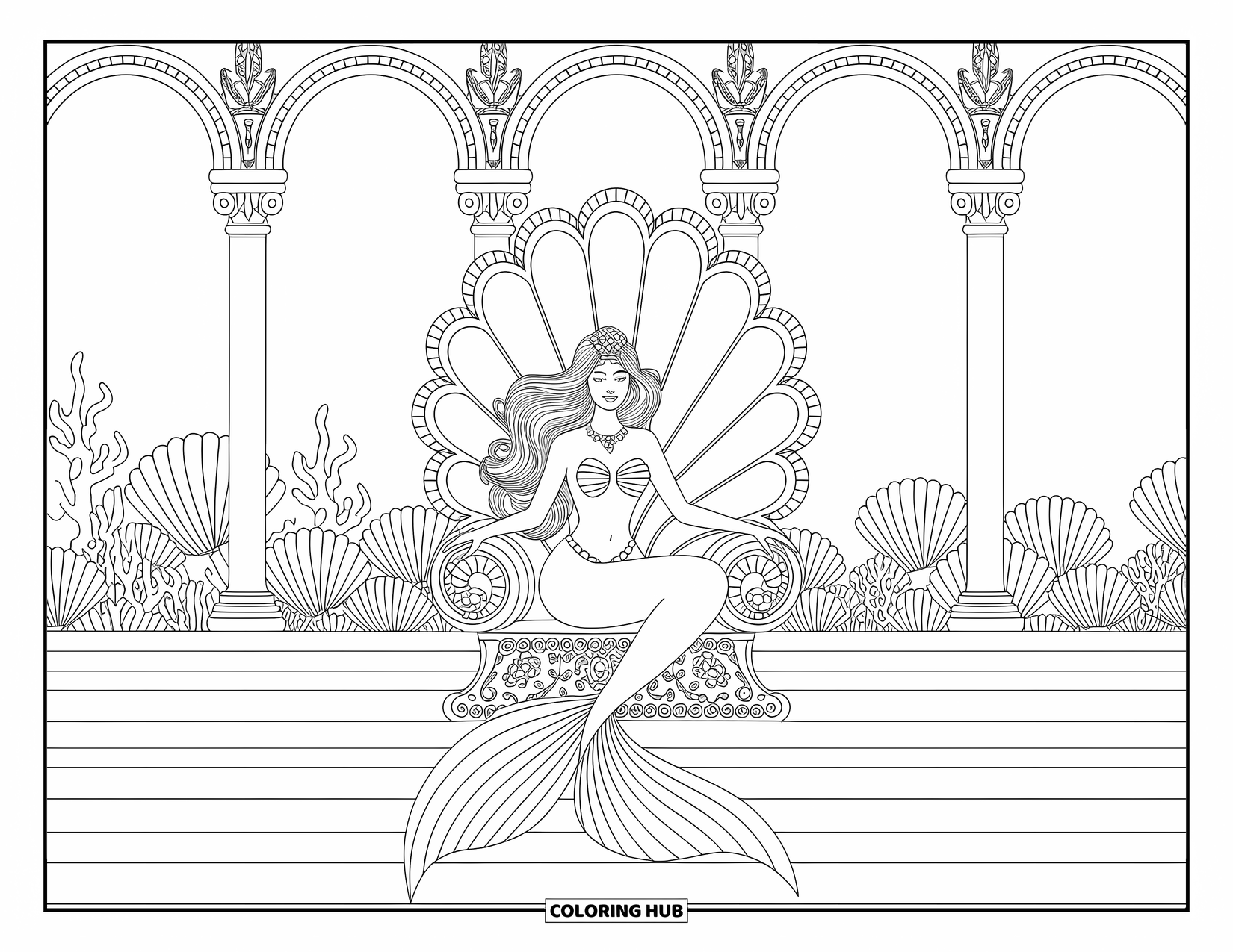 Mermaid Coloring Page for Adults: A regal mermaid queen sits on a shell throne, surrounded by intricate coral, seashells, and arching columns