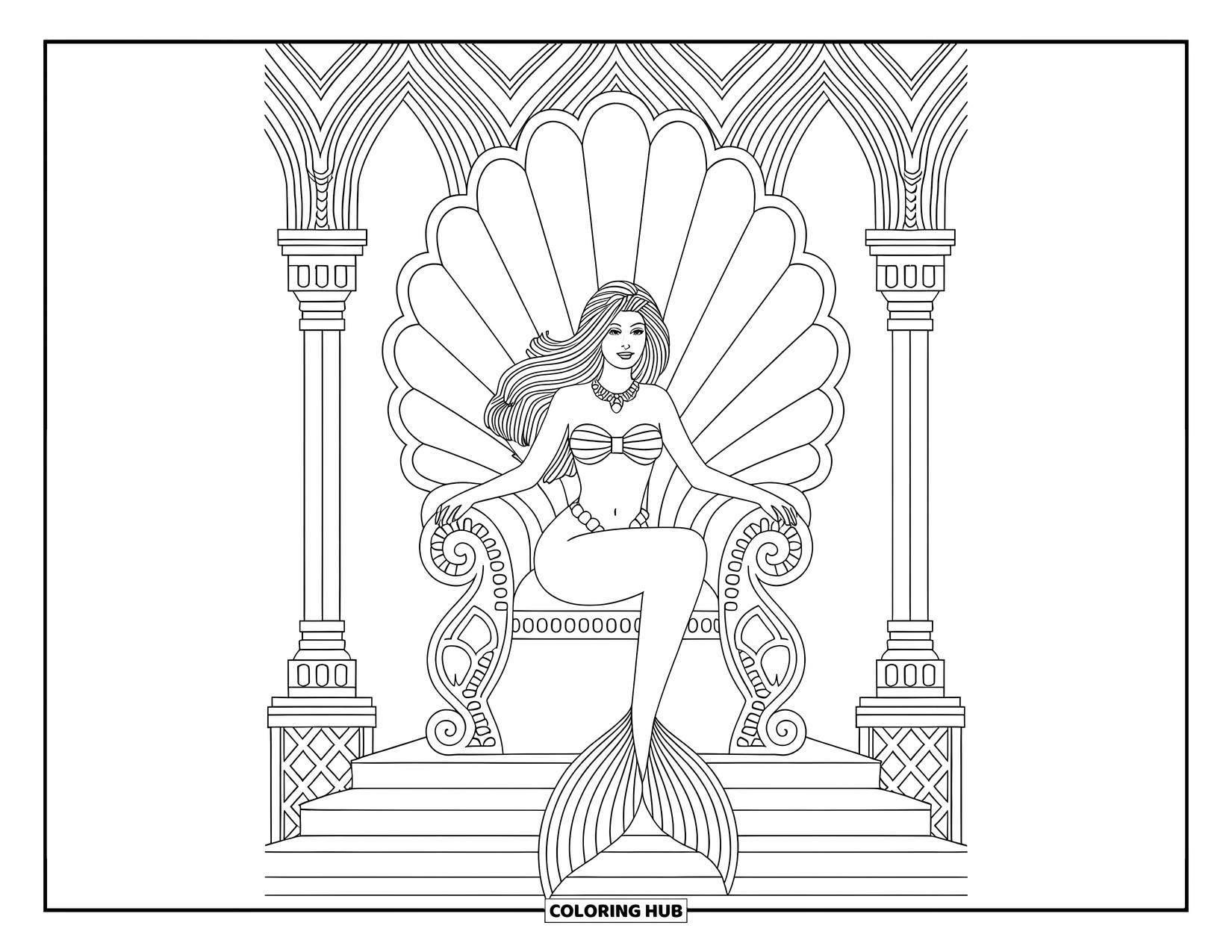 Mermaid Coloring Page for Adults: A regal mermaid queen sits on an ornate shell throne, her hair flowing around her in graceful waves