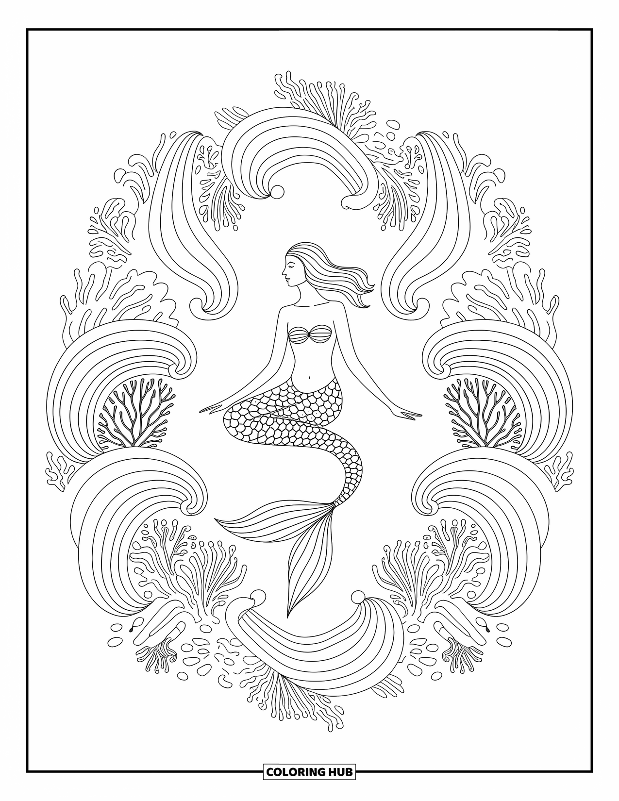 Mermaid Coloring Page for Adults: A serene mermaid floats in a lotus pose, surrounded by waves, coral, and sea creatures in a circular design