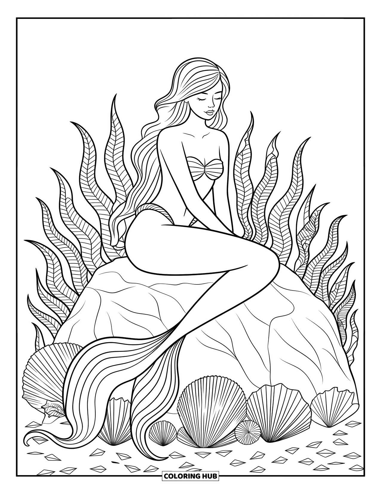 Mermaid Coloring Page for Adults: A serene mermaid sits on a rock, surrounded by detailed seashells, seaweed, and an intricate ocean backdrop