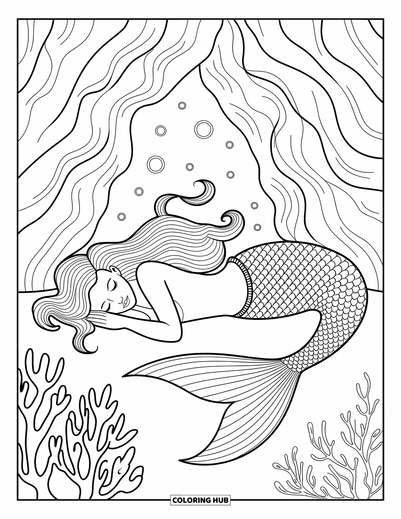 Mermaid Coloring Page for Adults: A sleeping mermaid rests in an underwater cave, surrounded by coral, pearls, and drifting sea plants