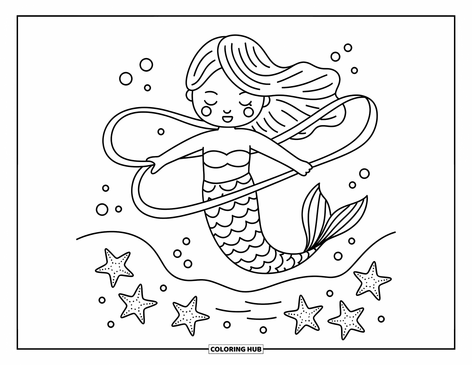 Mermaid Coloring Page for Adults: A tiny mermaid floats inside a clam shell, gripping a starfish while fish dance around her