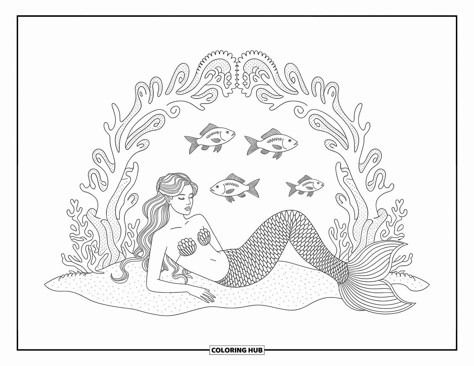 Mermaid Coloring Page for Adults: An elegant mermaid rests beneath a coral arch, surrounded by swirling sea plants and graceful fish
