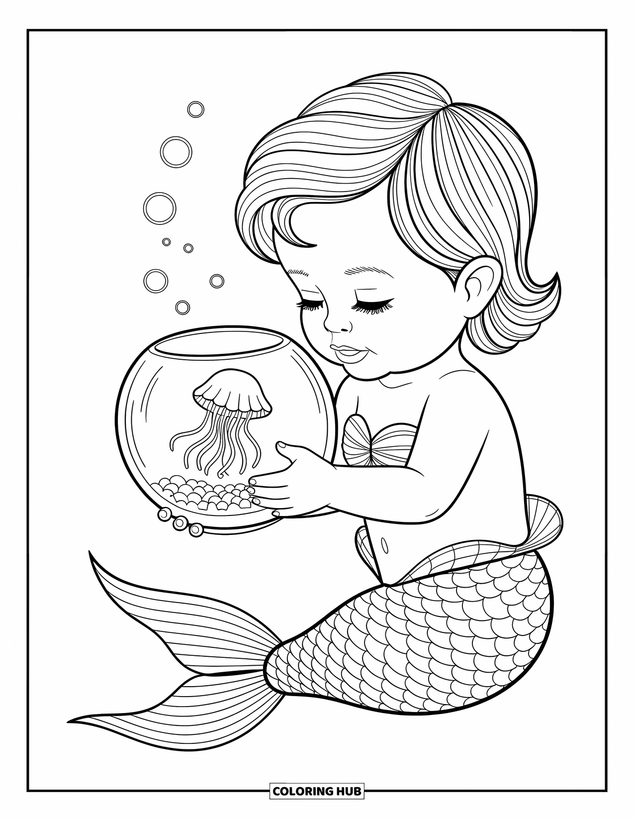 Mermaid Coloring Page for Kids: A baby mermaid cradles a fishbowl, watching the swirling water and delicate jellyfish