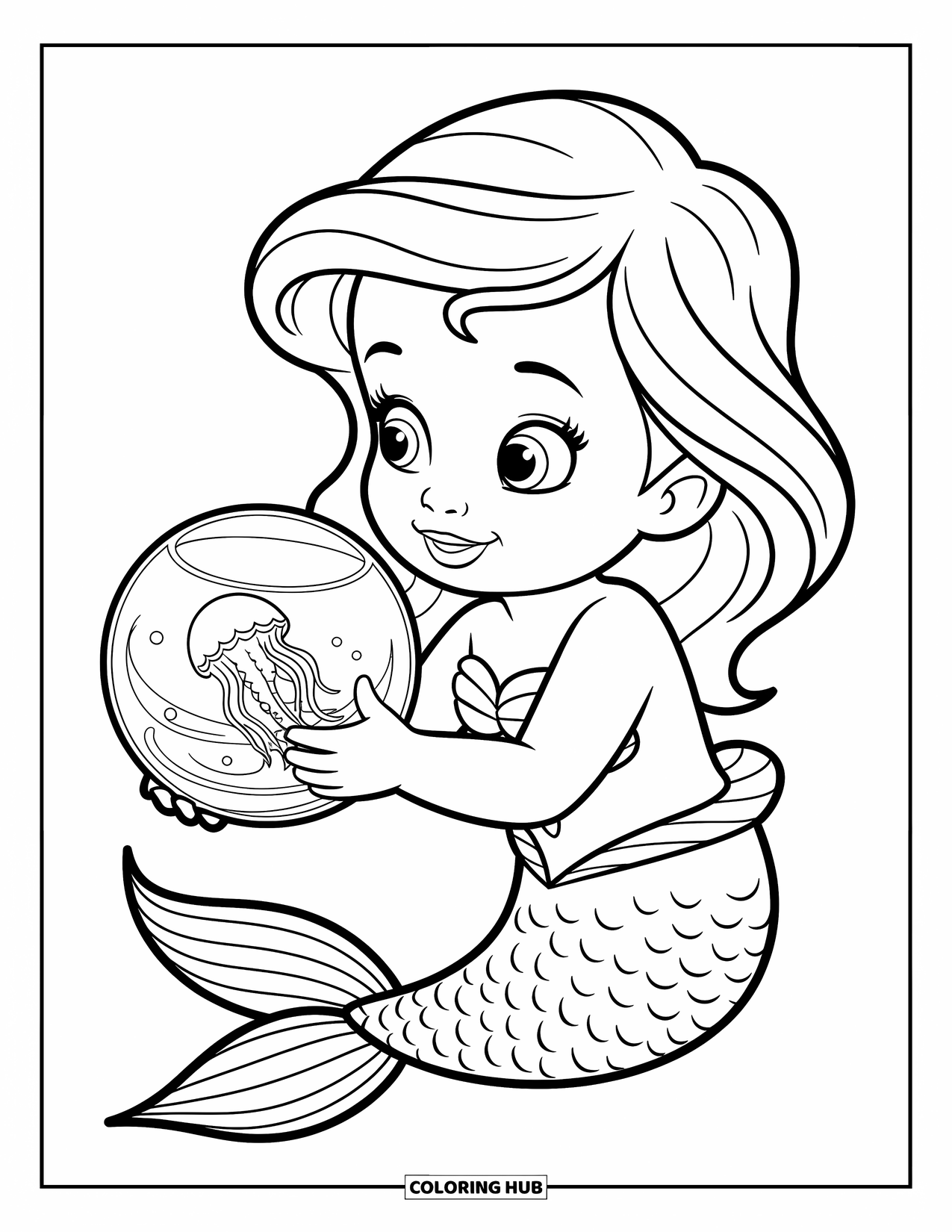 Mermaid Coloring Page for Kids: A baby mermaid cradles a small fishbowl, watching a jellyfish drift in swirling water