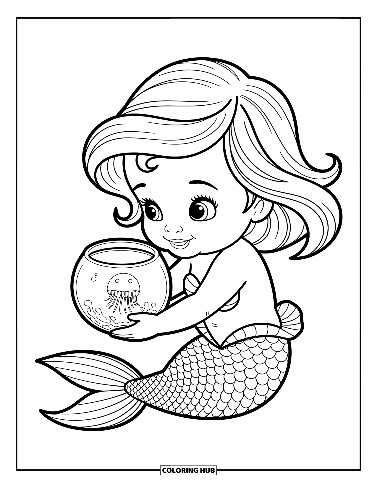 Mermaid Coloring Page for Kids: A baby mermaid holds a fishbowl, gazing in wonder at the tiny jellyfish inside