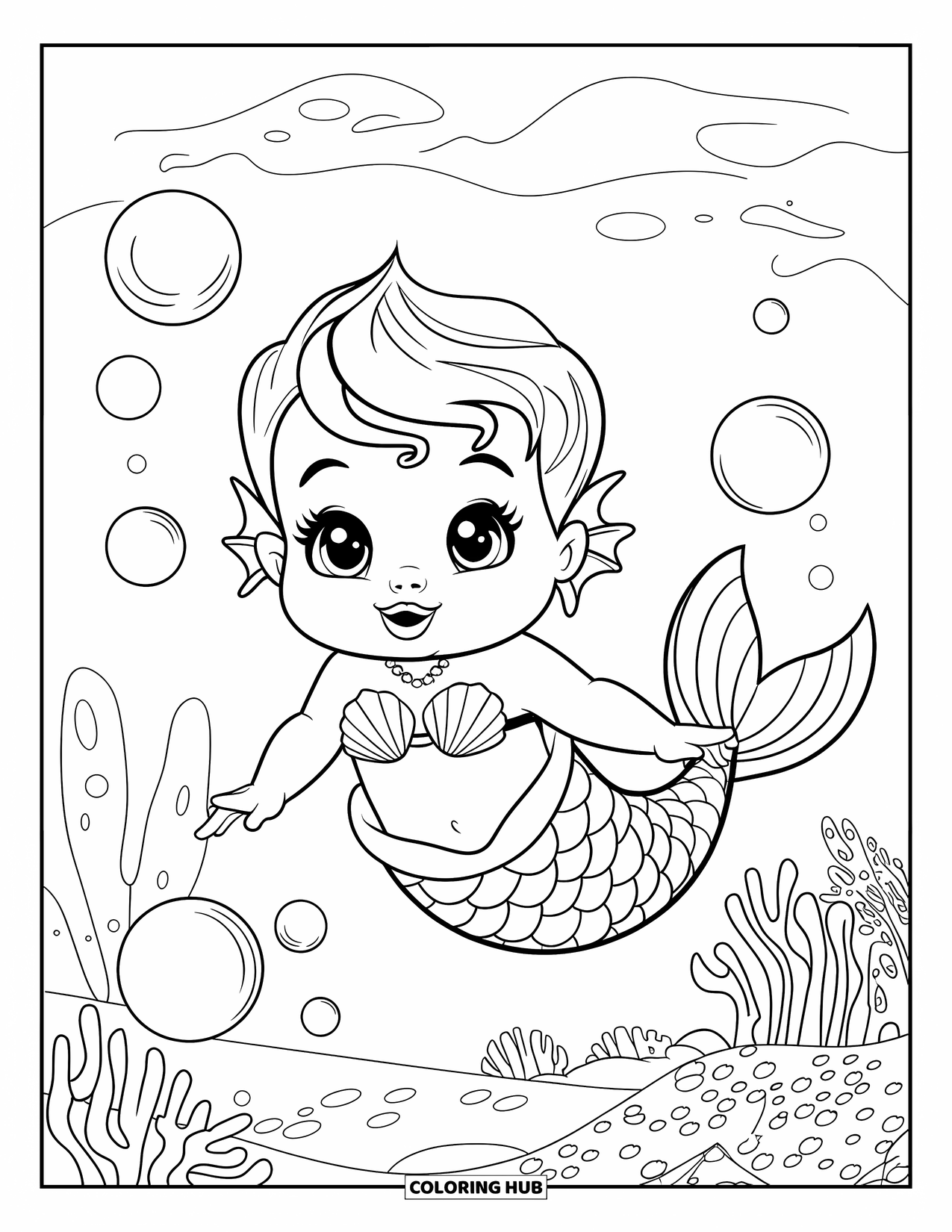 Mermaid Coloring Page for Kids: A baby mermaid with a seashell necklace drifts among bubbles near coral and seaweed