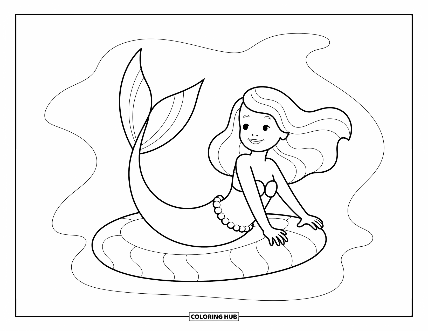 Mermaid Coloring Page for Kids: A cheerful mermaid gently bounces on a sea sponge, her hair flowing around her