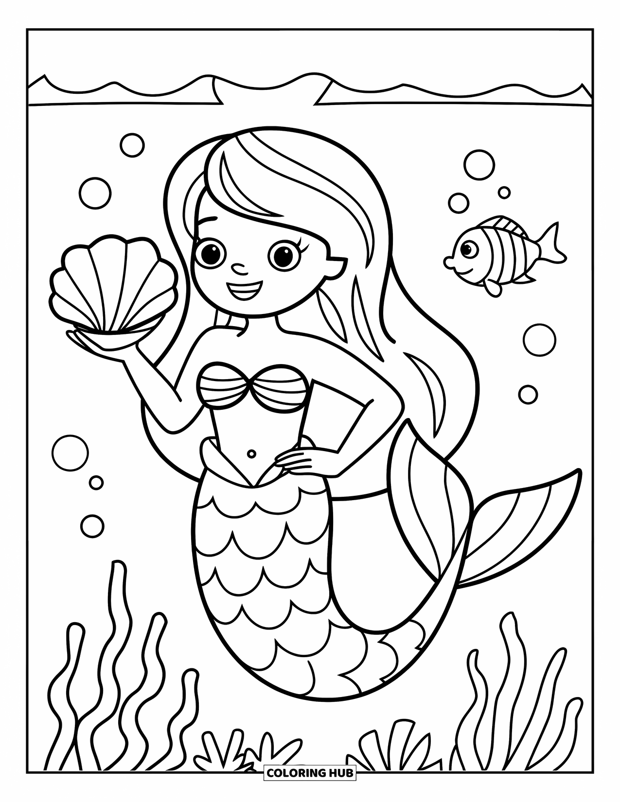 Mermaid Coloring Page for Kids: A cheerful mermaid waves while holding a seashell, with a small fish nearby