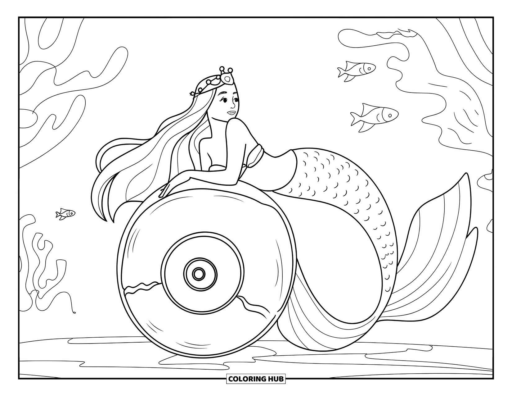 Mermaid Coloring Page for Kids: A crowned mermaid rests against a conch shell, lost in the soothing whispers of the sea