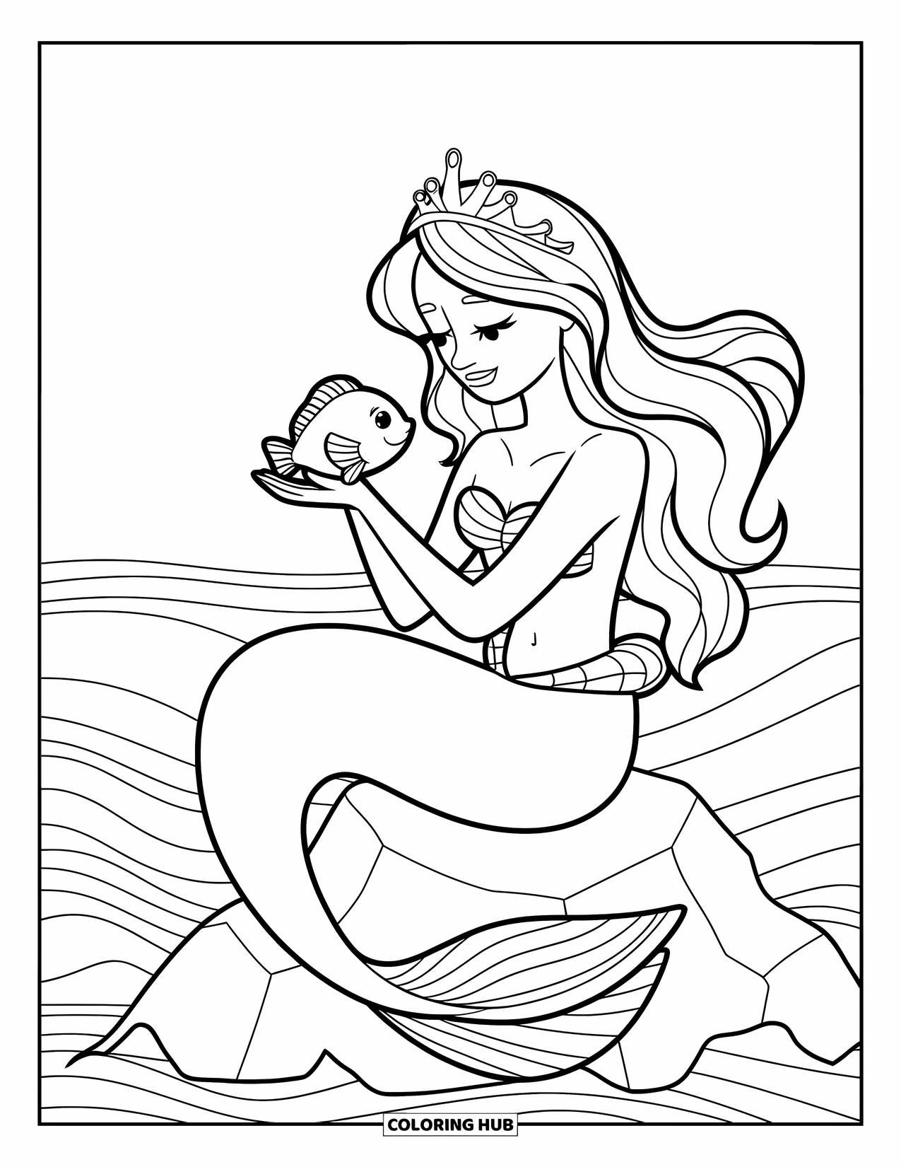 Mermaid Coloring Page for Kids: A crowned mermaid sits on a rock, admiring a tiny fish as waves roll behind her