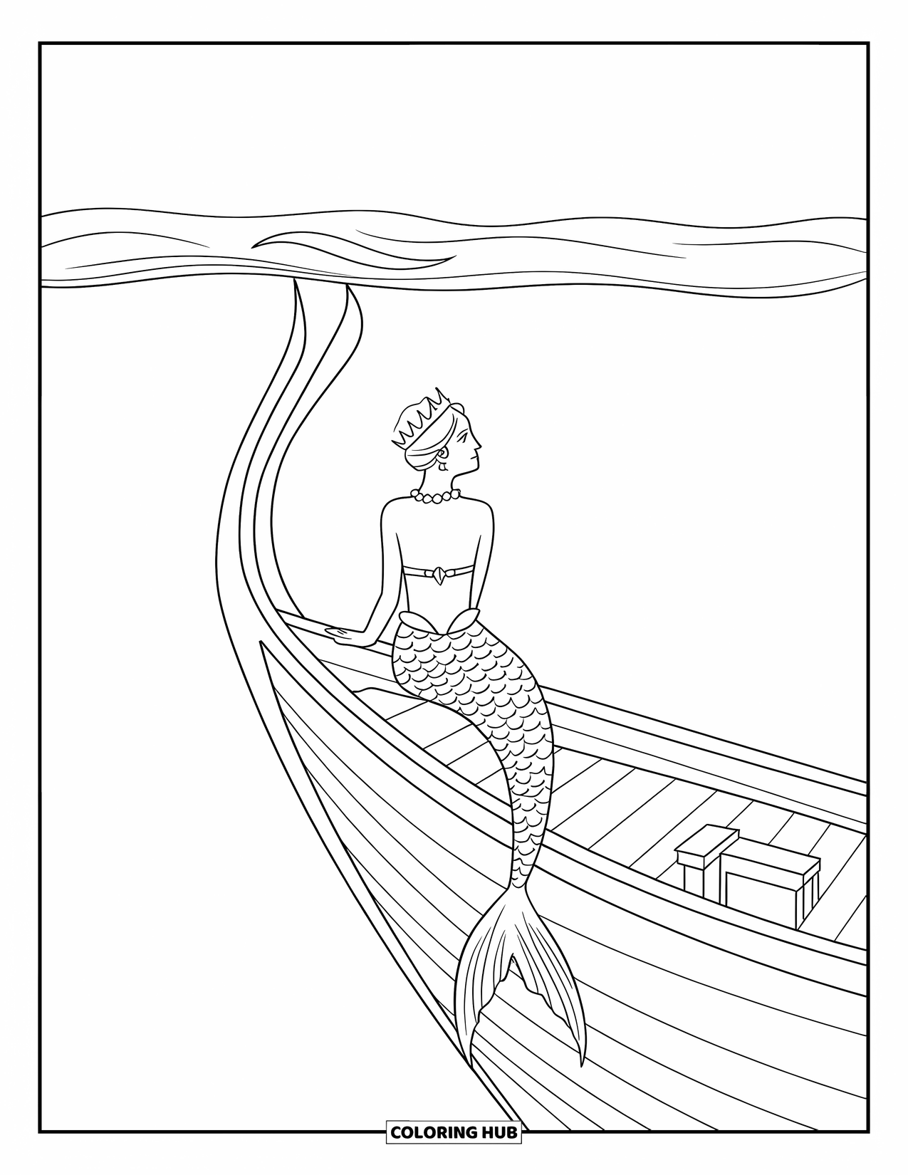 Mermaid Coloring Page for Kids: A crowned mermaid sits on a sunken ship's bow, gazing toward the shimmering ocean above