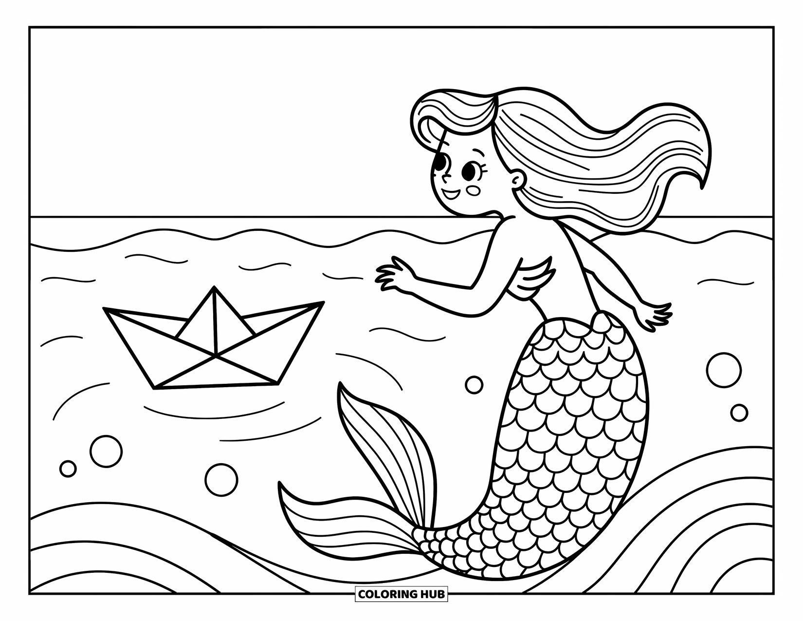 Mermaid Coloring Page for Kids: A curious mermaid gazes at a paper boat drifting through gentle waves and bubbles