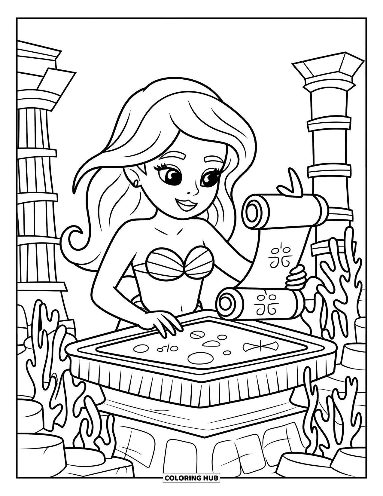 Mermaid Coloring Page for Kids: A curious mermaid studies a stone tablet, surrounded by coral-covered ruins and seaweed