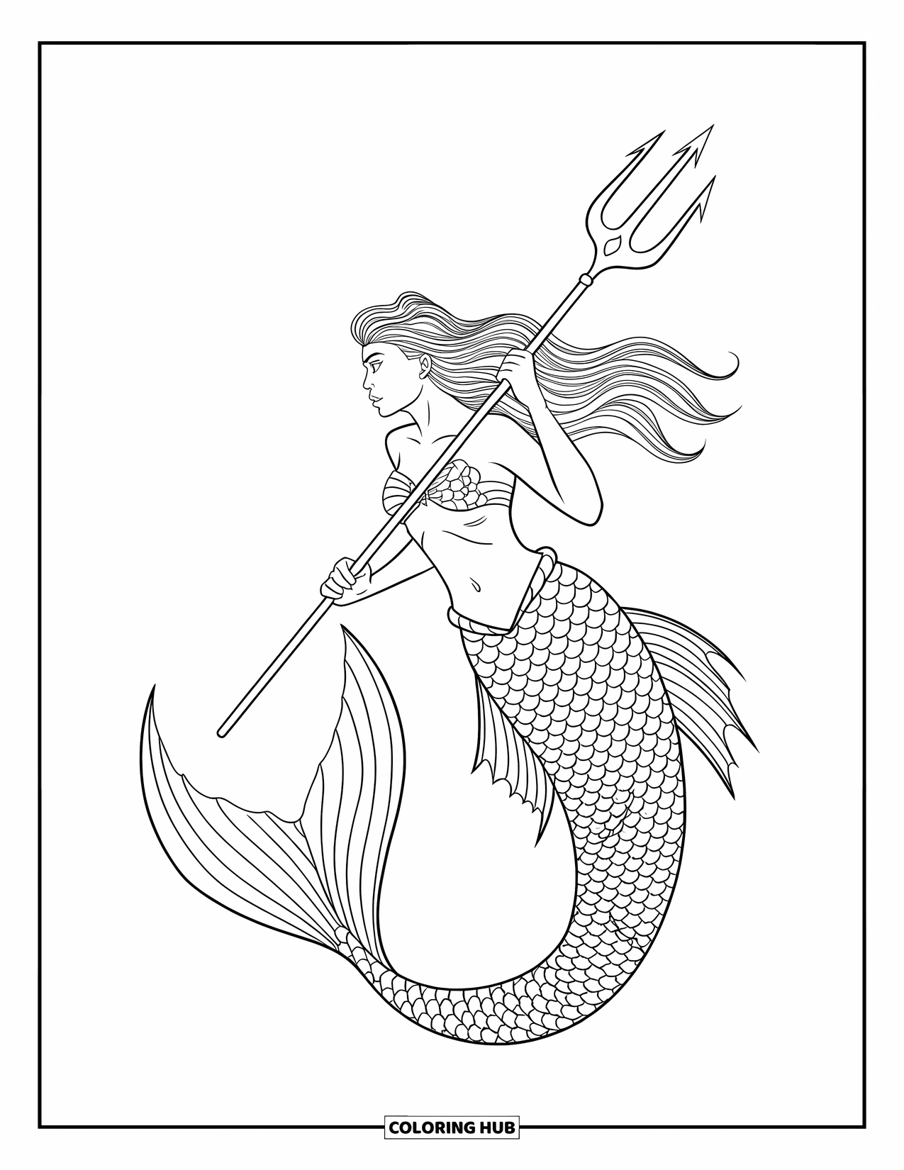 Mermaid Coloring Page for Kids: A fierce mermaid warrior holds a trident, her tail poised for action