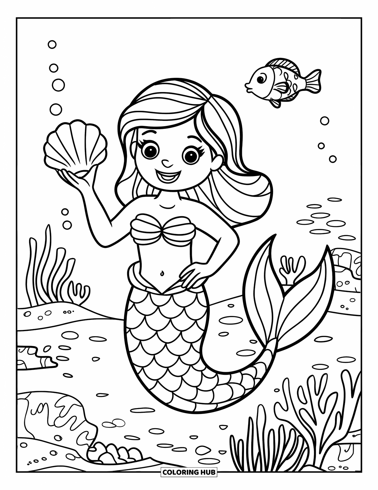 Mermaid Coloring Page for Kids: A happy mermaid waves with a seashell in hand, surrounded by coral and plants