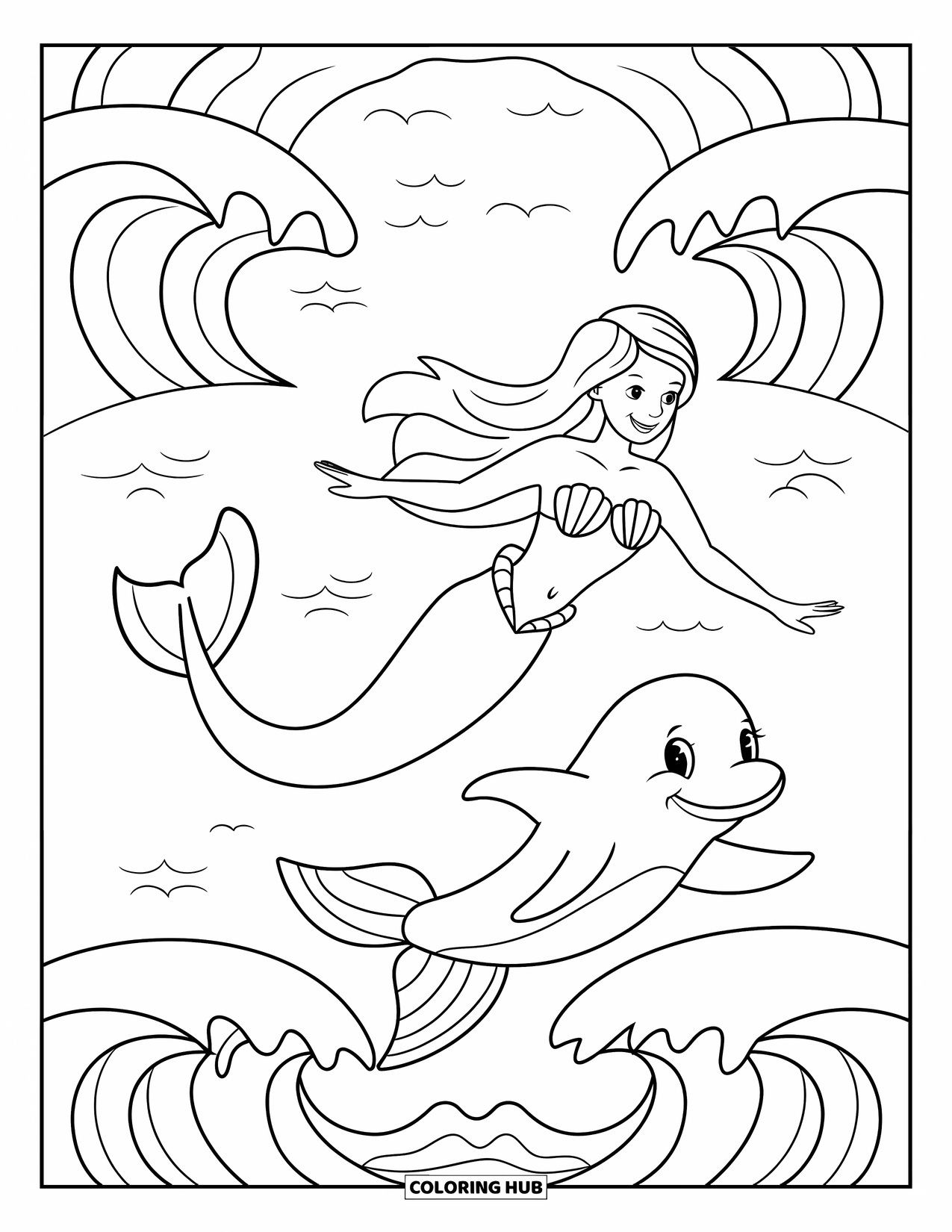 Mermaid Coloring Page for Kids: A mermaid and a cheerful dolphin glide together through the waves in a deep ocean