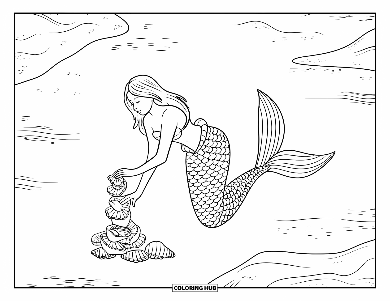 Mermaid Coloring Page for Kids: A mermaid arranges seashells into a tower, surrounded by sand and scattered ocean treasures