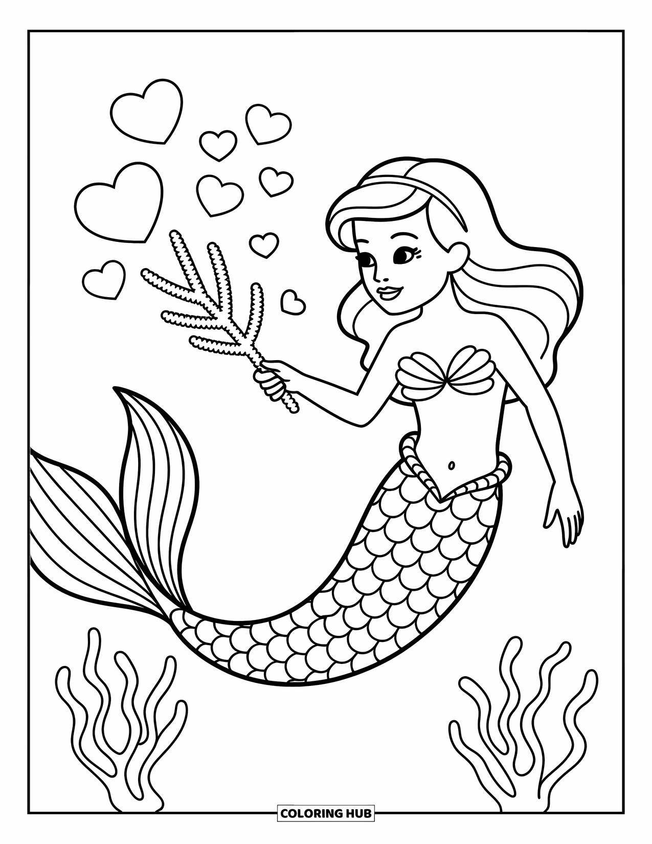 Mermaid Coloring Page for Kids: A mermaid blows heart-shaped bubbles, surrounded by floating seaweed and tiny fish