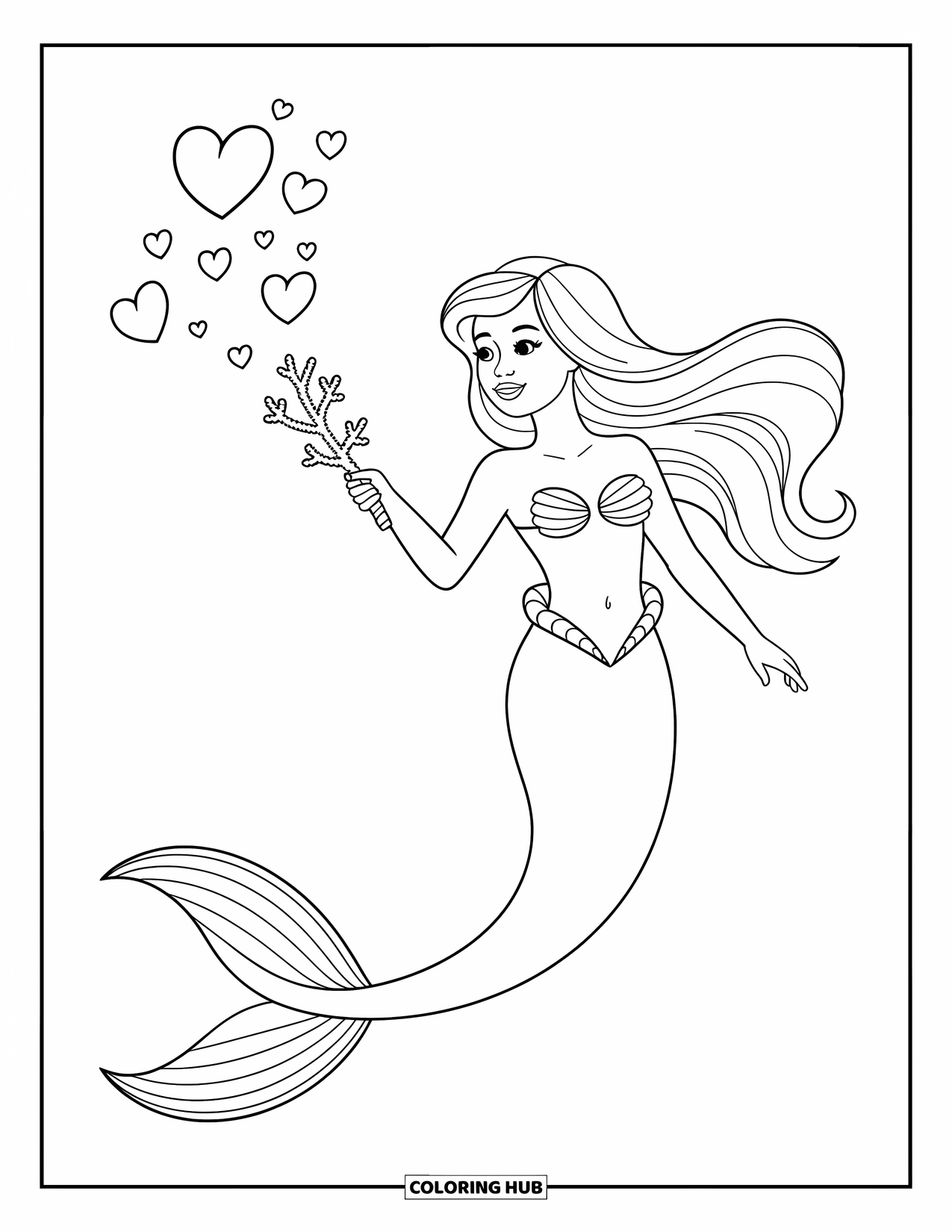 Mermaid Coloring Page for Kids: A mermaid blows heart-shaped bubbles with a coral wand, adding magic to the sea