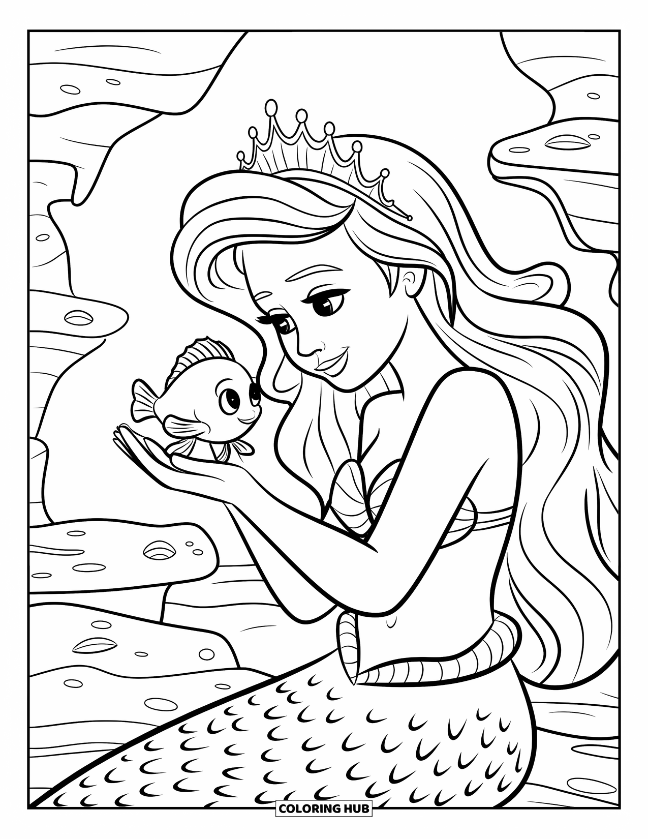 Mermaid Coloring Page for Kids: A mermaid cradles a baby fish in her hands, surrounded by a rocky ocean floor
