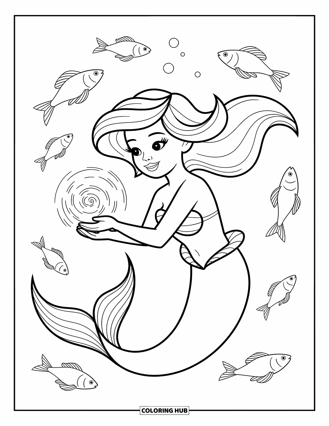 Mermaid Coloring Page for Kids: A mermaid creates a tiny whirlpool with her hands, enchanting the fish nearby