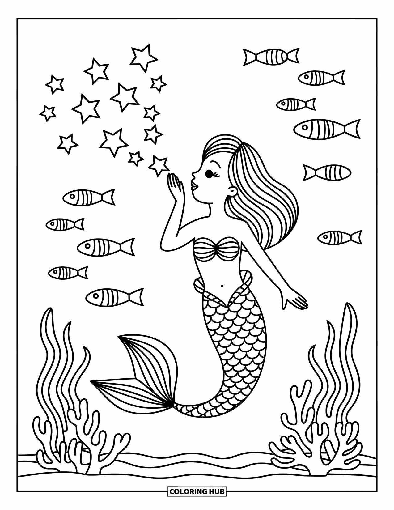 Mermaid Coloring Page for Kids: A mermaid creates floating star bubbles as fish and seaweed sway around her