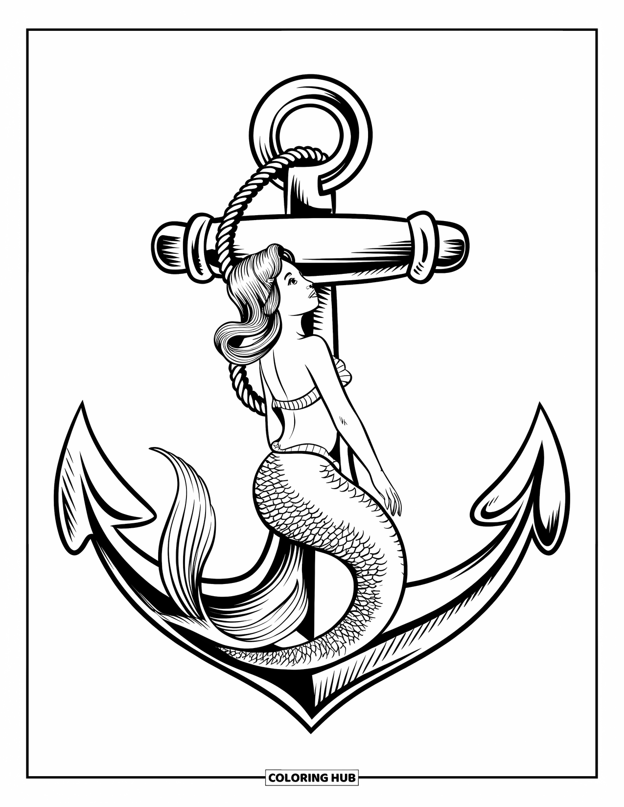 Mermaid Coloring Page for Kids: A mermaid curls her tail around a large anchor, gazing up toward the water's surface