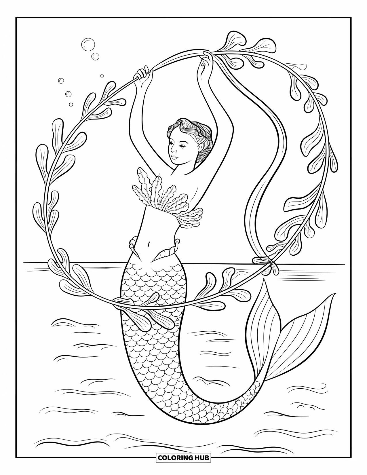 Mermaid Coloring Page for Kids: A mermaid dances with a flowing strand of kelp, swaying in the calm ocean waters