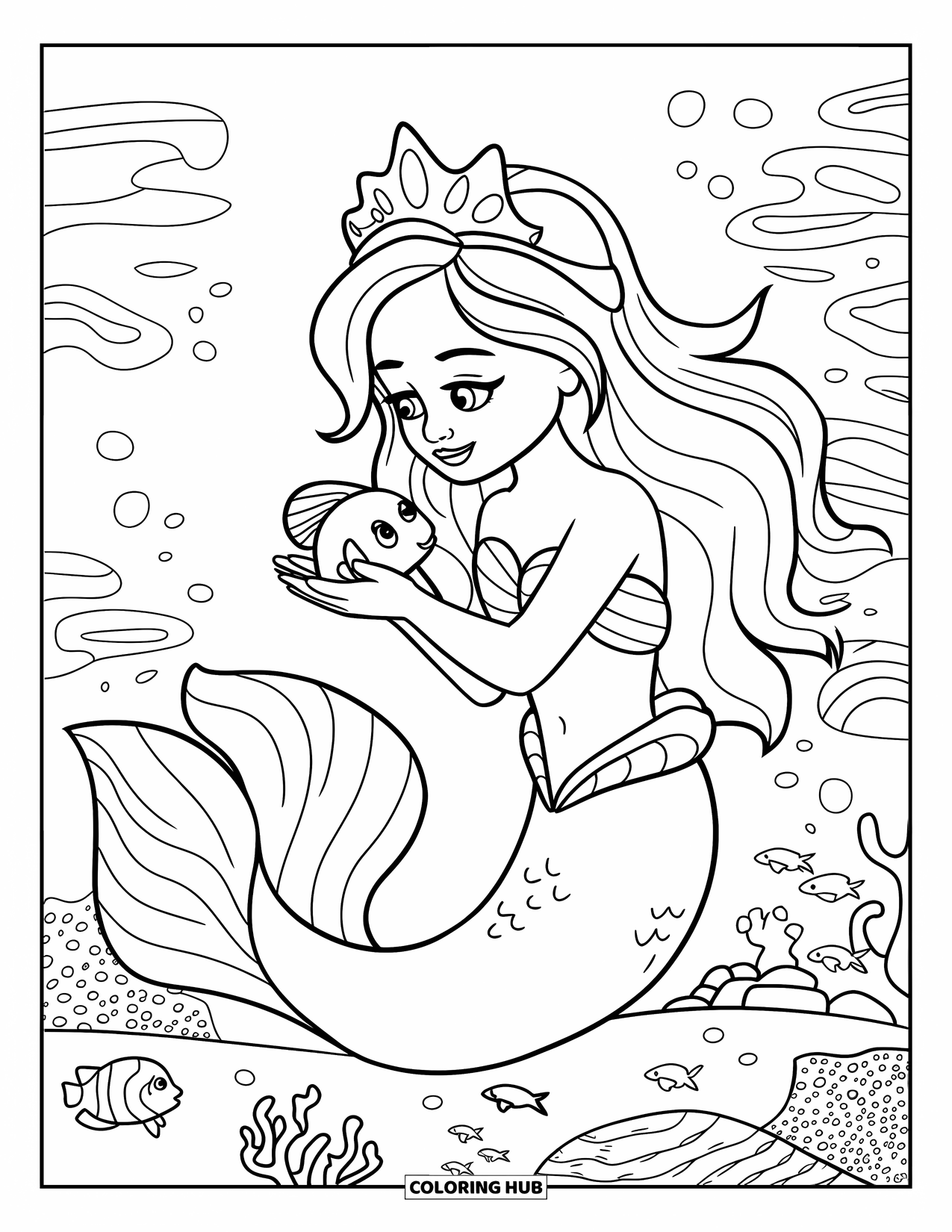 Mermaid Coloring Page for Kids: A mermaid gently holds a baby fish in her hands, gazing at it with a kind smile