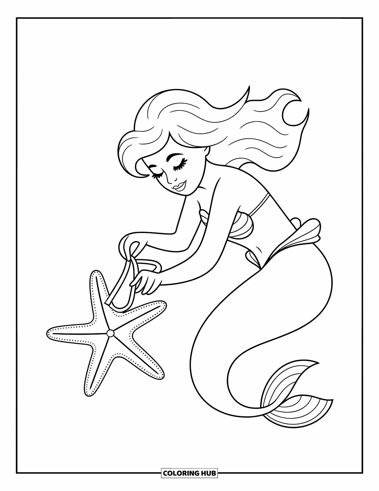 Mermaid Coloring Page for Kids: A mermaid gently wraps a ribbon around a starfish, creating a playful underwater moment