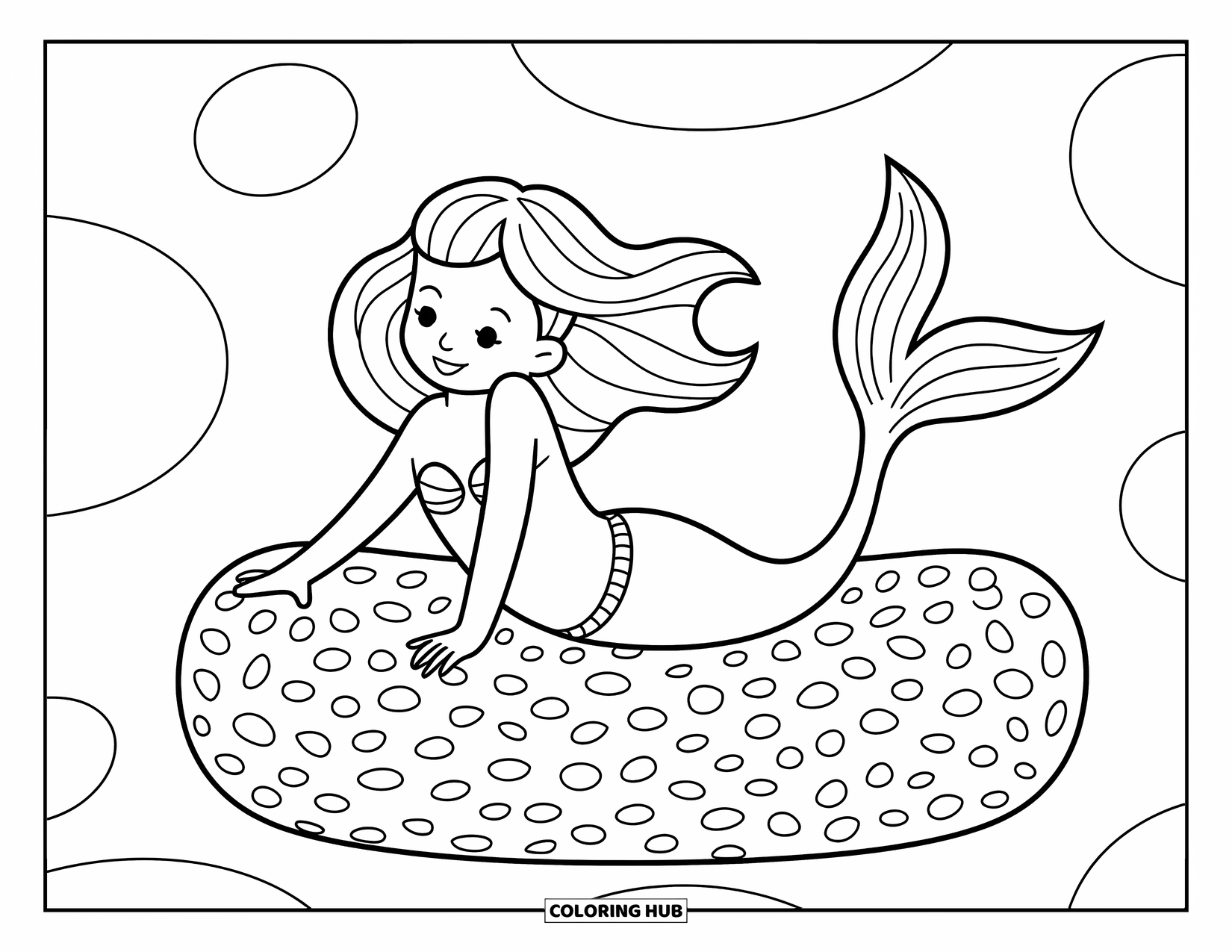 Mermaid Coloring Page for Kids: A mermaid lounges on a soft sea sponge, enjoying the gentle underwater sway