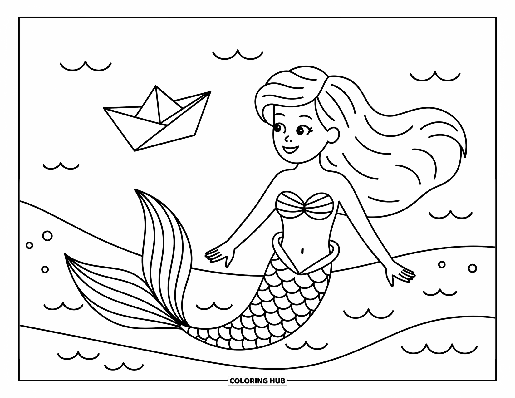 Mermaid Coloring Page for Kids: A mermaid observes a paper boat gliding over the ocean floor, lost in curiosity