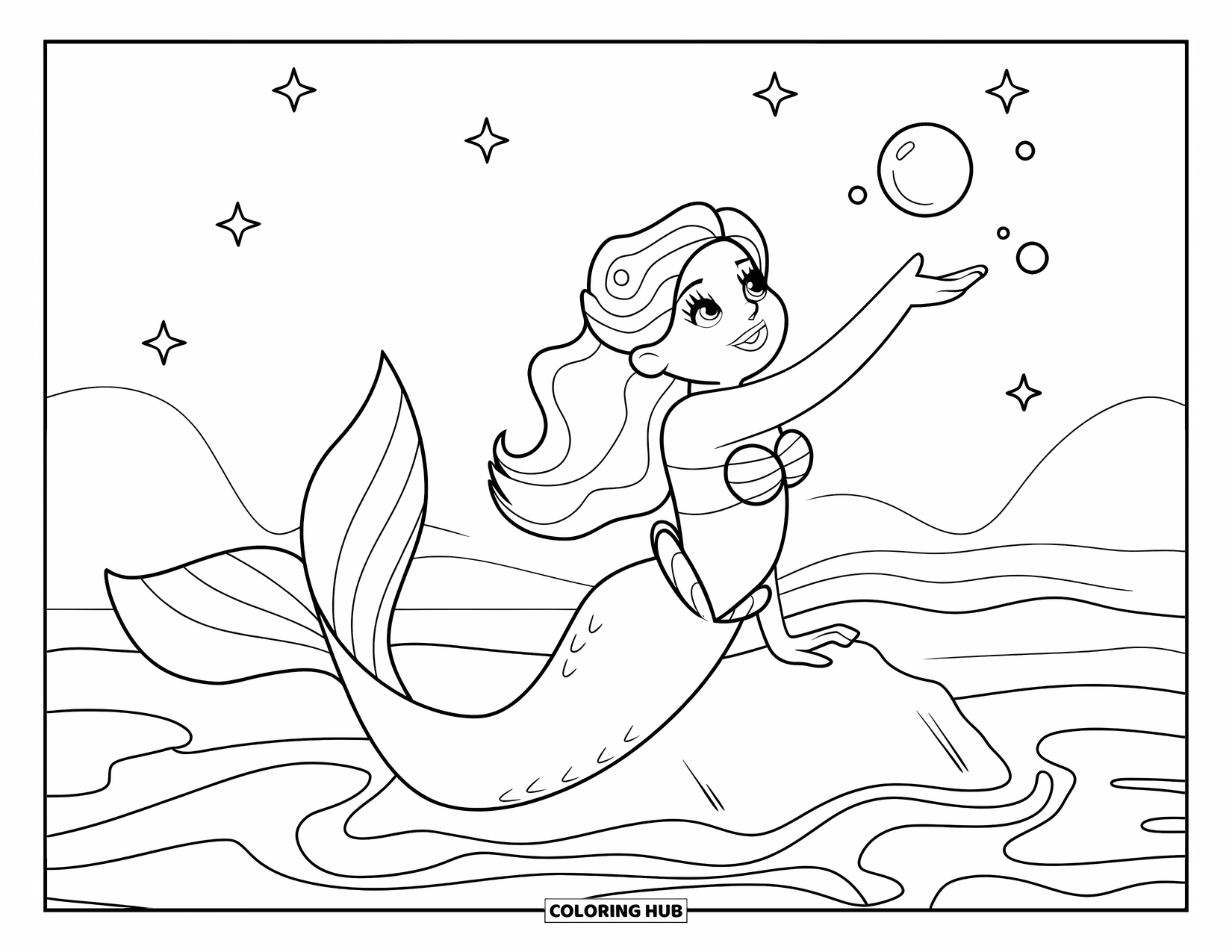 Mermaid Coloring Page for Kids: A mermaid on a rock reaches for a bubble as stars twinkle above the calm sea