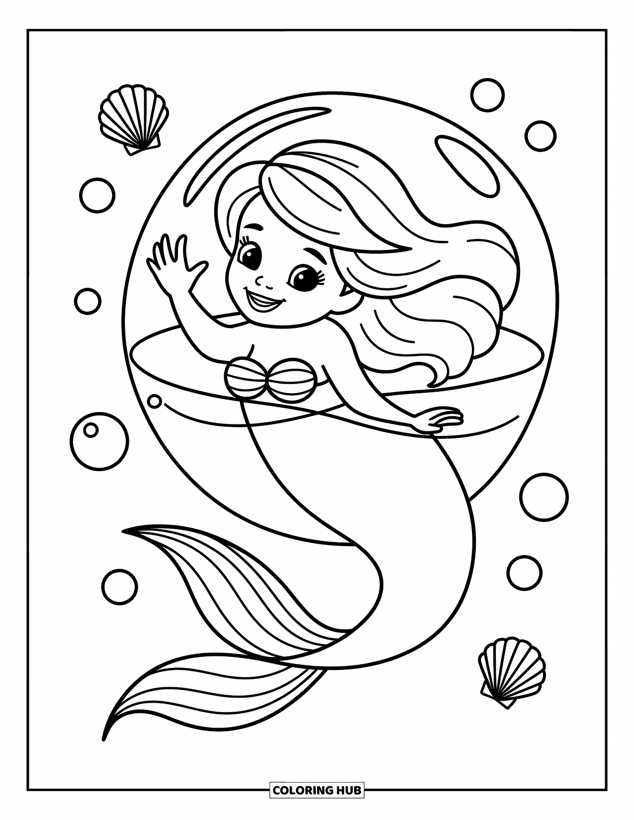 Mermaid Coloring Page for Kids: A mermaid peeks out from a floating bubble, playfully waving as seashells drift around her