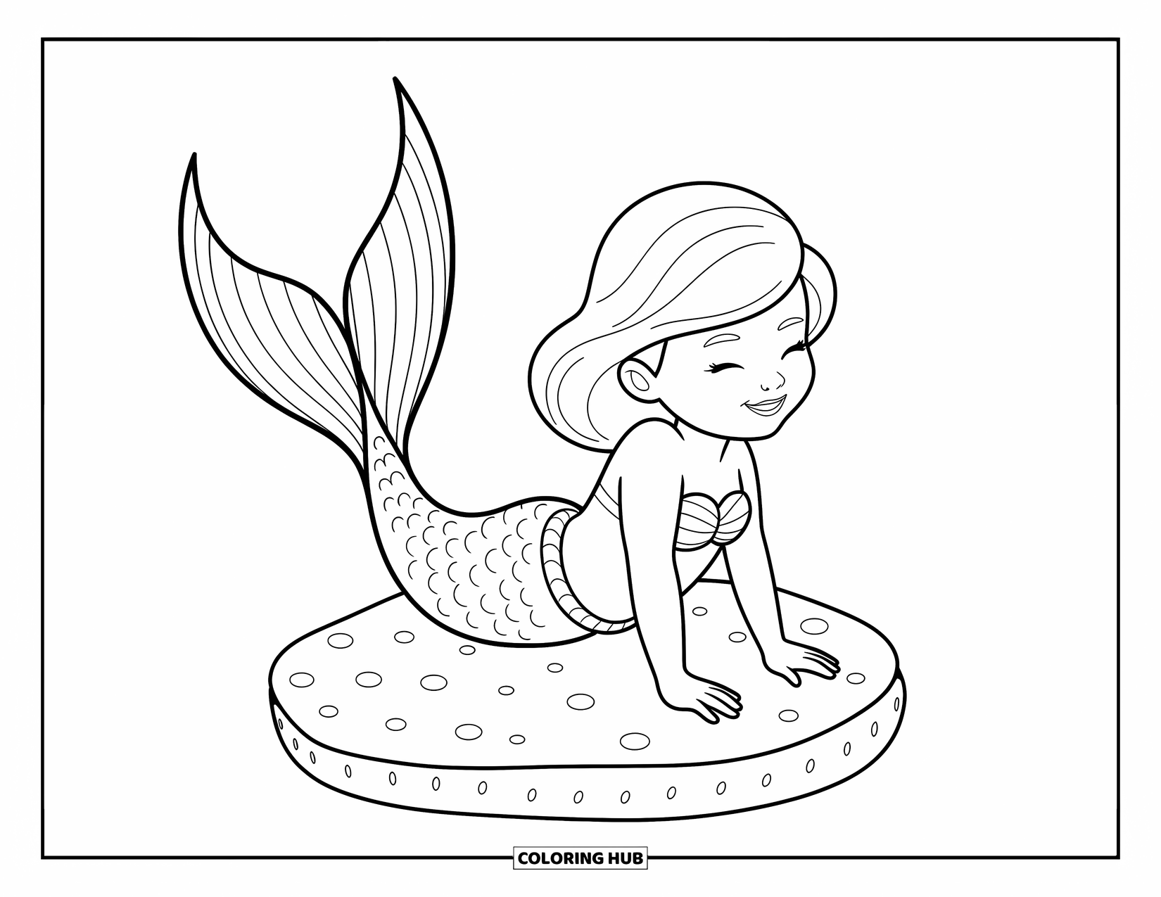 Mermaid Coloring Page for Kids: A mermaid playfully sits on a sea sponge, surrounded by floating bubbles and seaweed